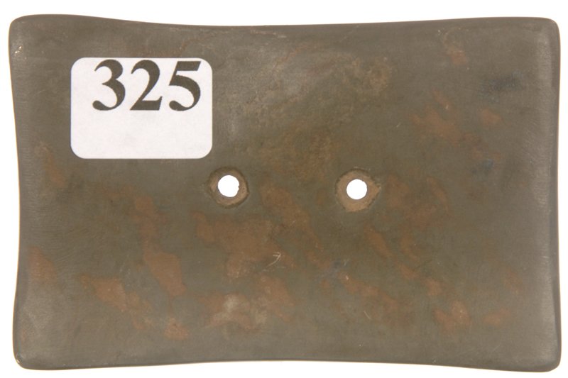 3 1/4" PREHISTORIC RECTANGULAR SHAPE BANNER STONE: 3 1/4" PREHISTORIC RECTANGULAR SHAPE BANNER STONE HIGHLY POLISHED GREEN STONE WITH BROWN MOTTLING - NO LOCATION INDICATED