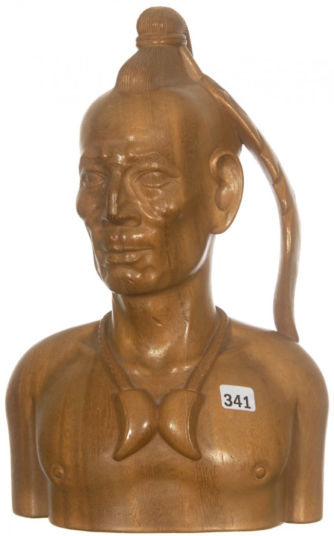MODERN 12 1/2" CARVED WOODEN BUST: MODERN 12 1/2" CARVED WOODEN BUST INDIAN BRAVE - NICE DETAIL - ARTIST MARKED HDM