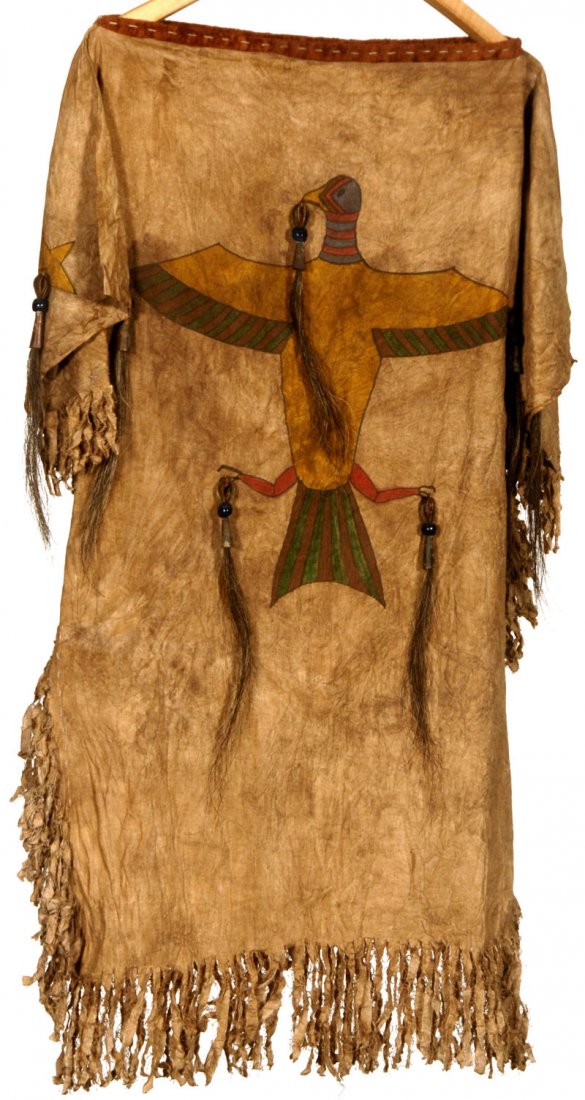 30" X 35" VINTAGE LIGHT BROWN CANVAS INDIAN COVERLET: 30" X 35" VINTAGE LIGHT BROWN CANVAS INDIAN COVERLET THUNDERBIRD DESIGN ON BACK - INDIAN HUNTING PARTY ON FRONT - EXCELLENT CONDITION - GOOD COLOR