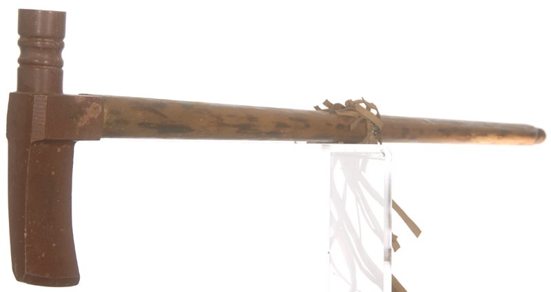 28" X 7 1/2" HISTORIC STONE PEACE PIPE/AXE: 28" X 7 1/2" HISTORIC STONE PEACE PIPE/AXE WOODEN HANDLE AND STEM - POLISHED RED STONE - NO INFORMATION GIVEN