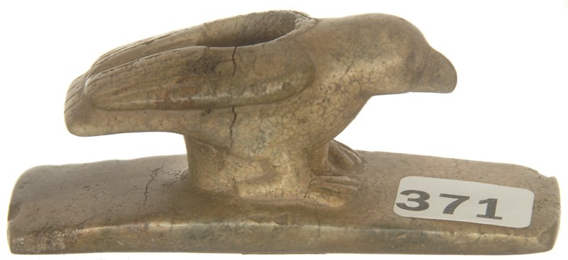 1 3/4" X 3 1/2" PREHISTORIC STONE EFFIGY PLATFORM PIPE: 1 3/4" X 3 1/2" PREHISTORIC STONE EFFIGY PLATFORM PIPE EAGLE FIGURE - HIGHLY POLISHED WHITE AND GRAY STONE - GREENE COUNTY, ILLINOIS