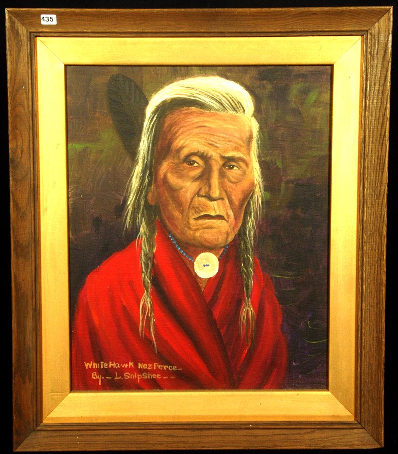 20 1/2" X 16 1/2" ORIGINAL OIL PAINTING: 20 1/2" X 16 1/2" ORIGINAL OIL PAINTING BY L. SHIPSHEE TITLED WHITE HAWK NEZ PERCE - OVER ALL FRAME 26 1/2" X 22 1/2"
