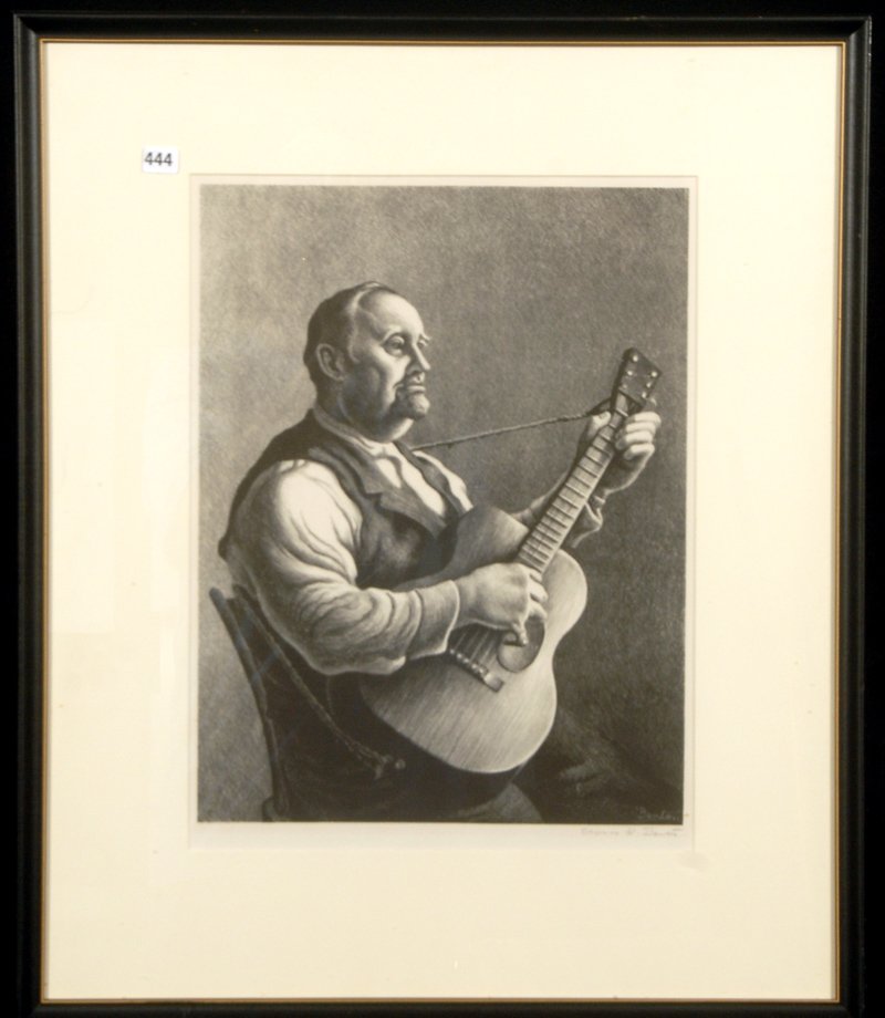 ORIGINAL 17" X 13" LITHOGRAPH BY THOMAS HART BENTON: ORIGINAL 17" X 13" LITHOGRAPH BY THOMAS HART BENTON TITLED HYMN SINGER - OVER ALL FRAME 25" X 21" - VERY NICE