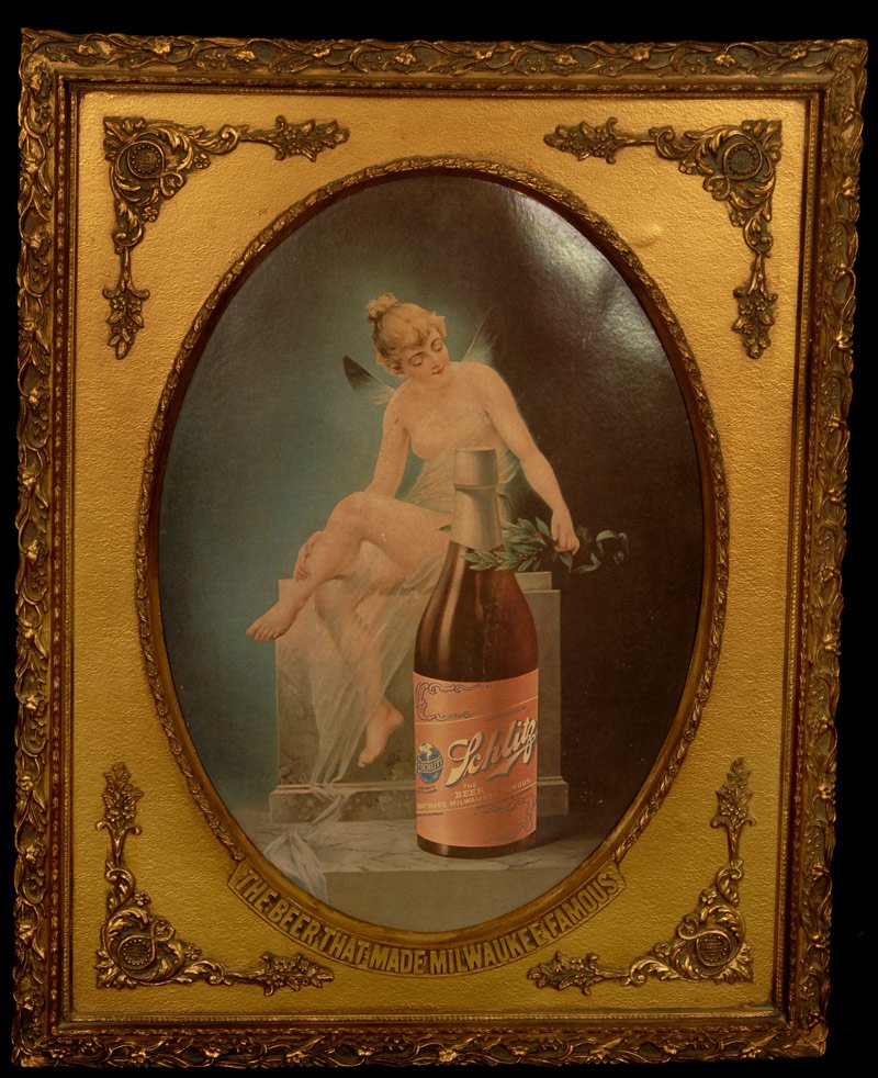 28" X 22" FRAMED SCHLITZ BEER ADVERTISING: 28" X 22" FRAMED SCHLITZ BEER ADVERTISING CARDBOARD SCENE OF FERRY AND BEER BOTTLE SET IN ORIGINAL FIBER BOARD ADVERTISING FRAME