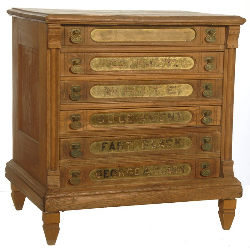 26" X 25" SIX DRAWER ADVERTISING SPOOL CABINET: 26" X 25" SIX DRAWER ADVERTISING SPOOL CABINET OAK CASE - "GEORGE CLARK"