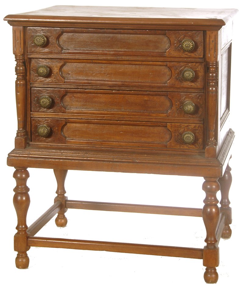 27" X 22" FOUR DRAWER SPOOL CABINET: 27" X 22" FOUR DRAWER SPOOL CABINET NICE WALNUT CASE - BRASS PULLS