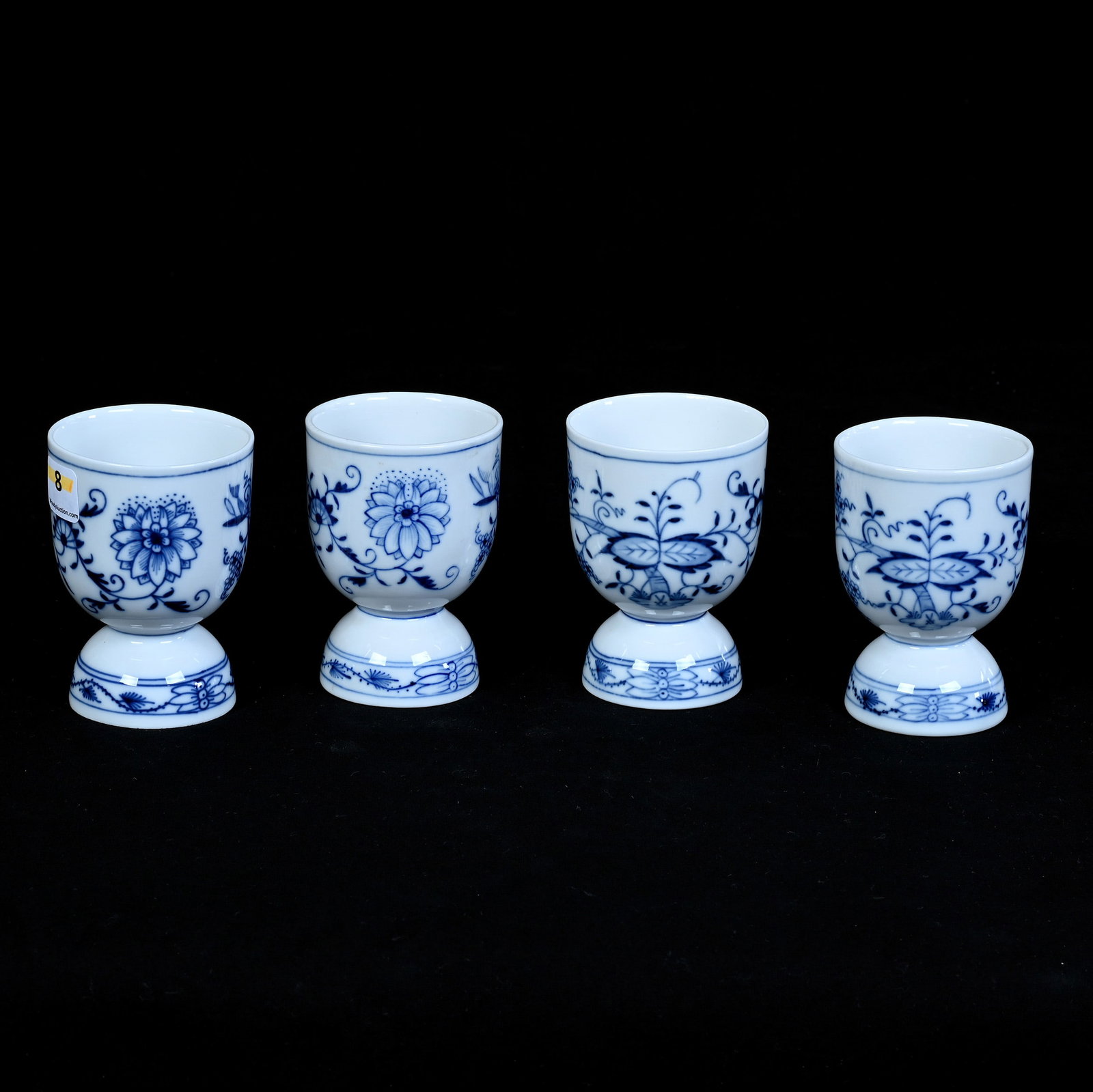 (4) Double Egg Holders, Meissen (Blue Crossed Swords Mark): (4) Double Egg Holders, Meissen (Blue Crossed Swords Mark), 3.5 x 2.5 x 2.5 Inches, Blue Onion Pattern, 1.2 Pounds, Cliff And Myra Bilbo Collection, TN, Effective 6/6/26, All LiveAuctioneers Invoices