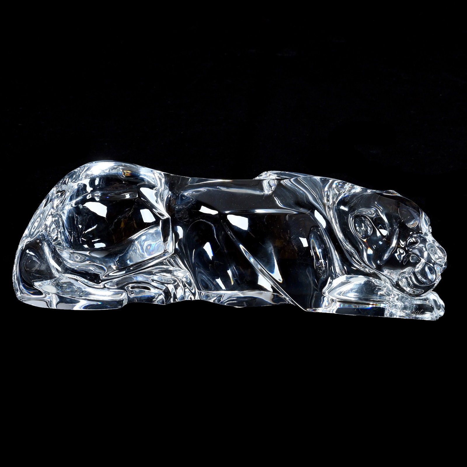 Figurine, Signed Baccarat, Clear Crystal Panther: Figurine, Signed Baccarat, Clear Crystal Panther, 3.25 x 10.25 x 3 Inches, Fine Example, 5 Pounds, Cliff And Myra Bilbo Collection, TN, Effective 6/6/26, All LiveAuctioneers Invoices Must Be Paid Usin