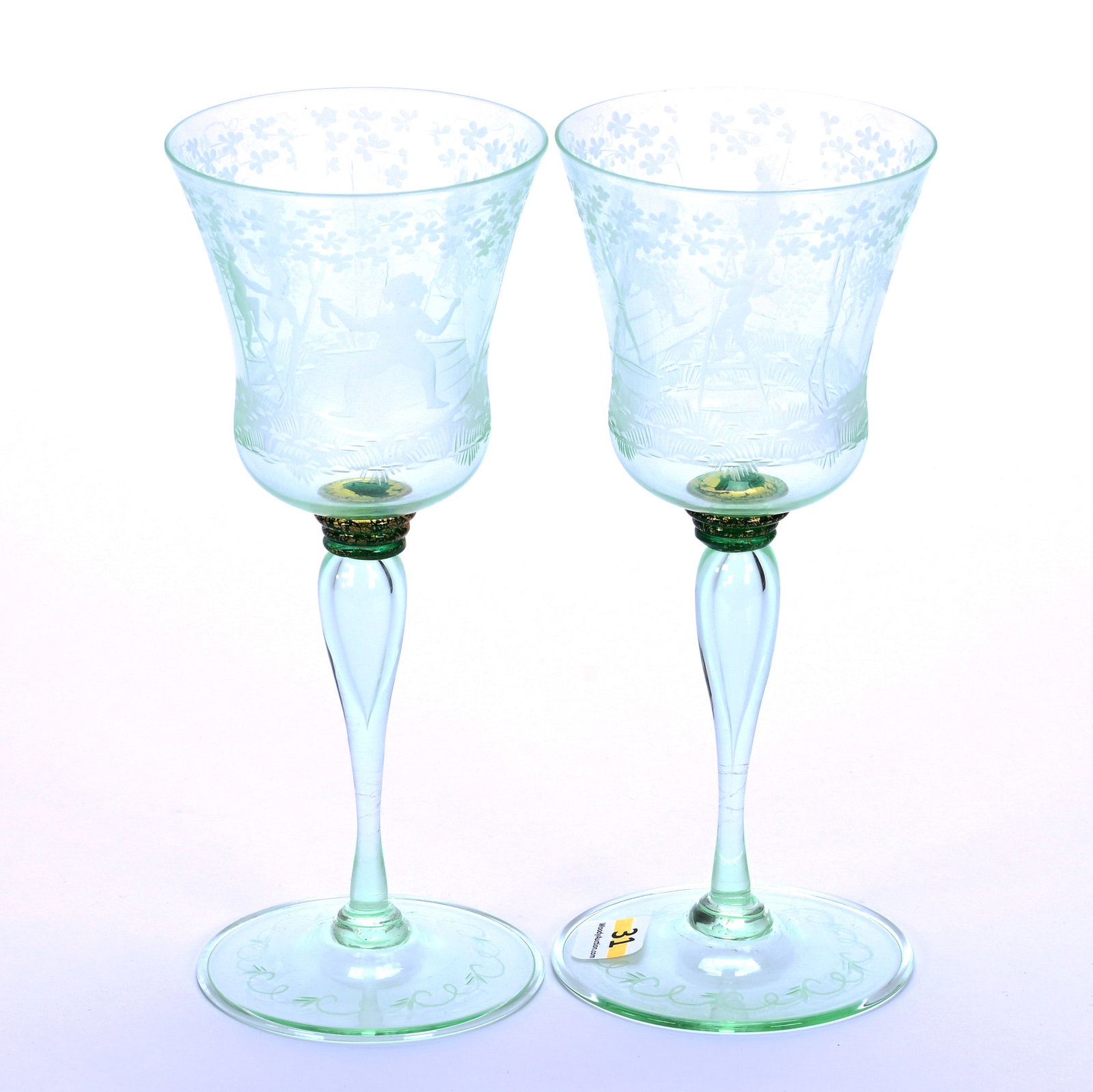 Pair Wine Stems, Pale Green Italian Art Glass (1 of 3)
