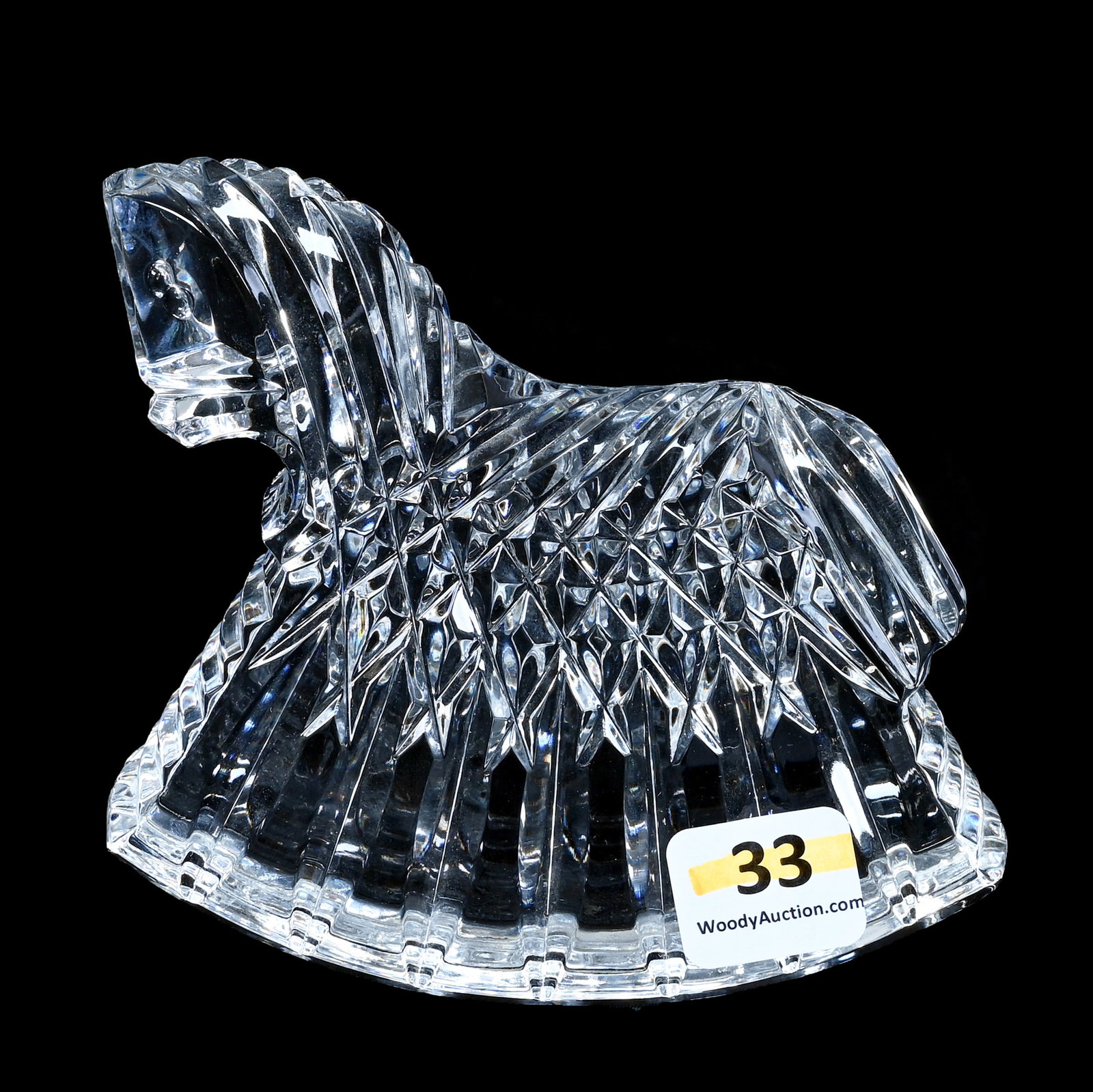 Figural Paperweight, Marked Waterford, Clear Crystal Rocking Horse: Figural Paperweight, Marked Waterford, Clear Crystal Rocking Horse, 4 x 4.25 x 1.5 Inches, , 1.3 Pounds, Cliff And Myra Bilbo Collection, TN, Effective 6/6/26, All LiveAuctioneers Invoices Must Be Pai