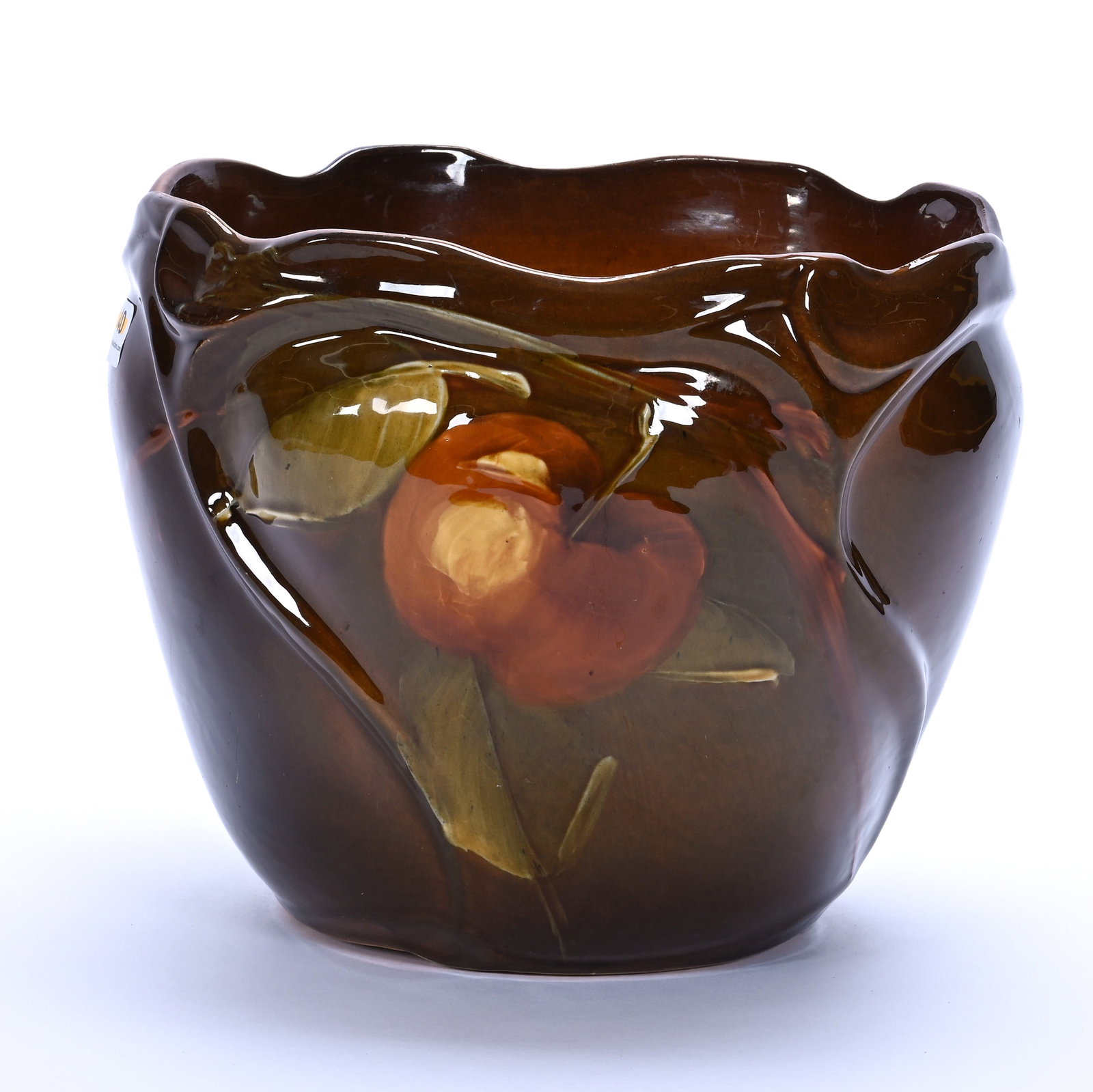 Jardiniere, Unmarked McCoy Art Pottery: Jardiniere, Unmarked McCoy Art Pottery, 7.75 x 9.5 x 9.5 Inches, Loy-Nel Line, Standard Glaze, Apple Branch Decor, Circa 1900s, 6.6 Pounds, Cliff And Myra Bilbo Collection, TN, Effective 6/6/26, All L