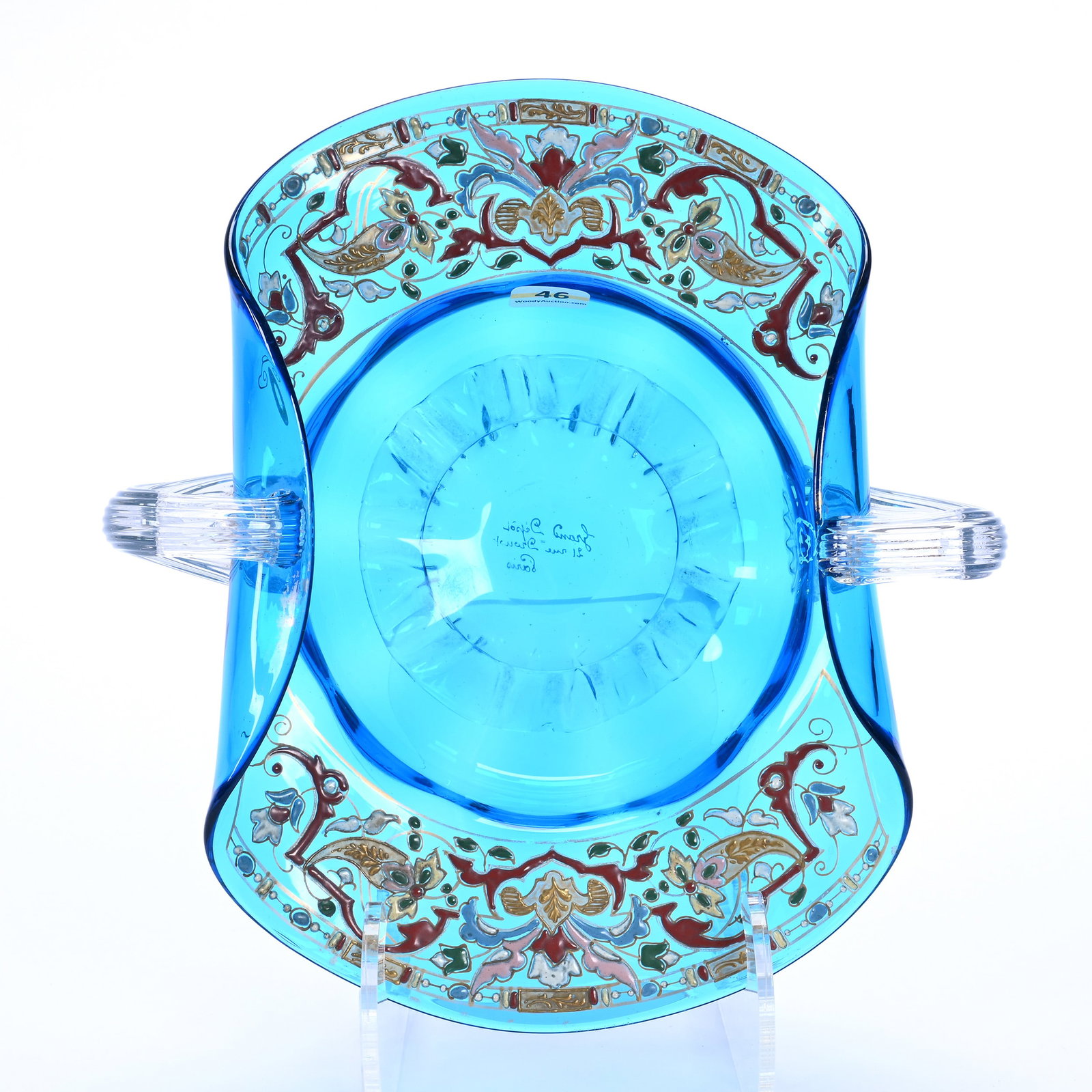 Two Handled Folded Bowl, French Art Glass: Two Handled Folded Bowl, French Art Glass, 4.5 x 10.5 x 9.75 Inches, Solid Blue With Clear Applied Ribbed Handles And Skirted Foot, Heavy Colorful Enamel Floral Border, Marked Grand Depot Paris