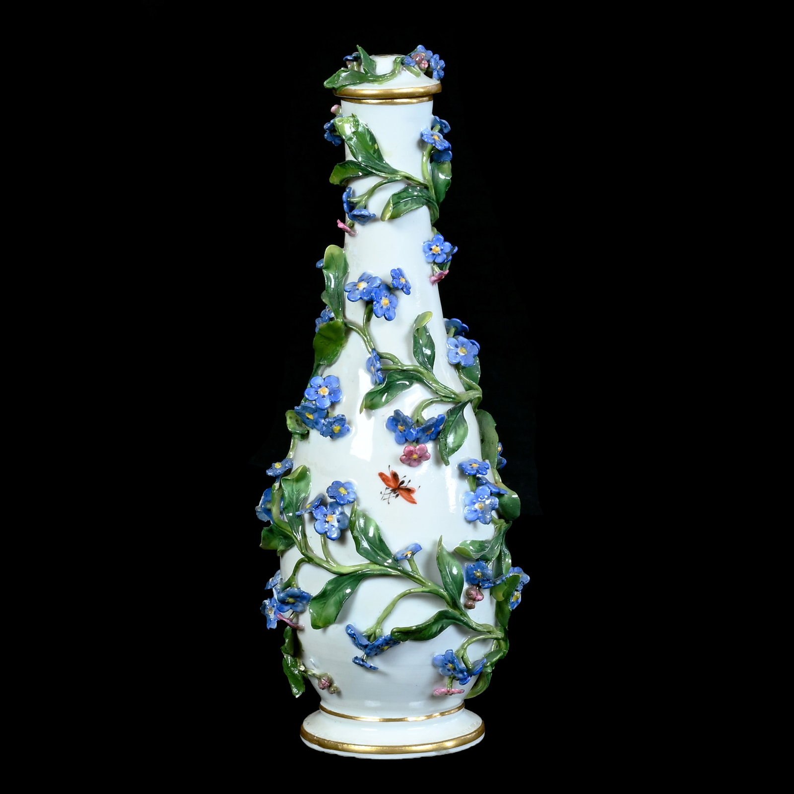 Bottle, Meissen (Blue Crossed Swords Mark): Bottle, Meissen (Blue Crossed Swords Mark), 8 x 2.75 x 2.75 Inches, Cream Body With Colorful Insect Decor, Extensive Vine Applique With Blue Blossom Highlights, Numerous Chips And A Few Missing