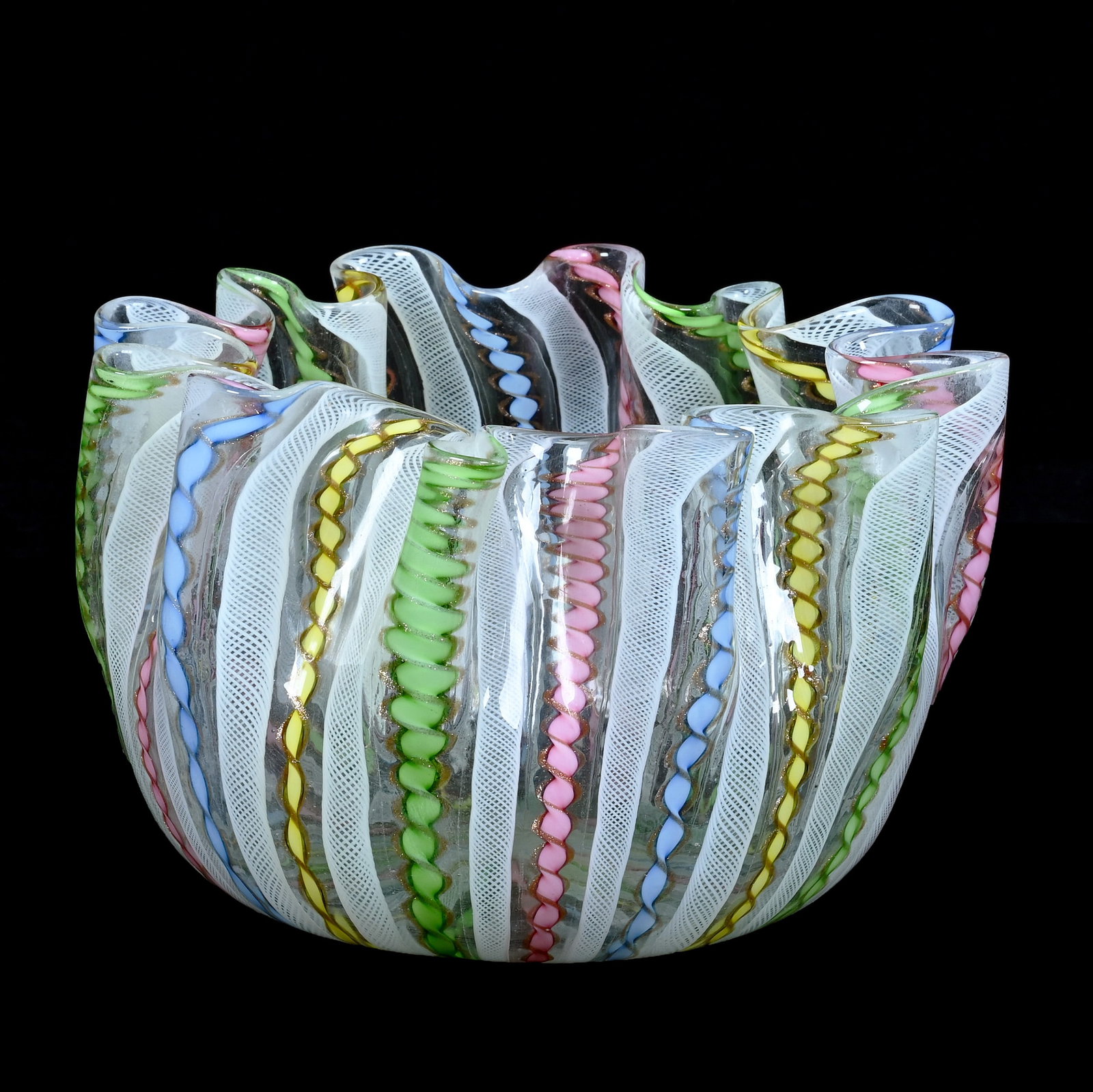 Bowl, Mid-Century Murano Latticino Art Glass: Bowl, Mid-Century Murano Latticino Art Glass, 5.5 x 8.25 x 8.25 Inches, Pink, Blue, Yellow, And Green Ribbons Alternating With White Latticino, Nice Example, 2.9 Pounds, Cliff And Myra Bilbo