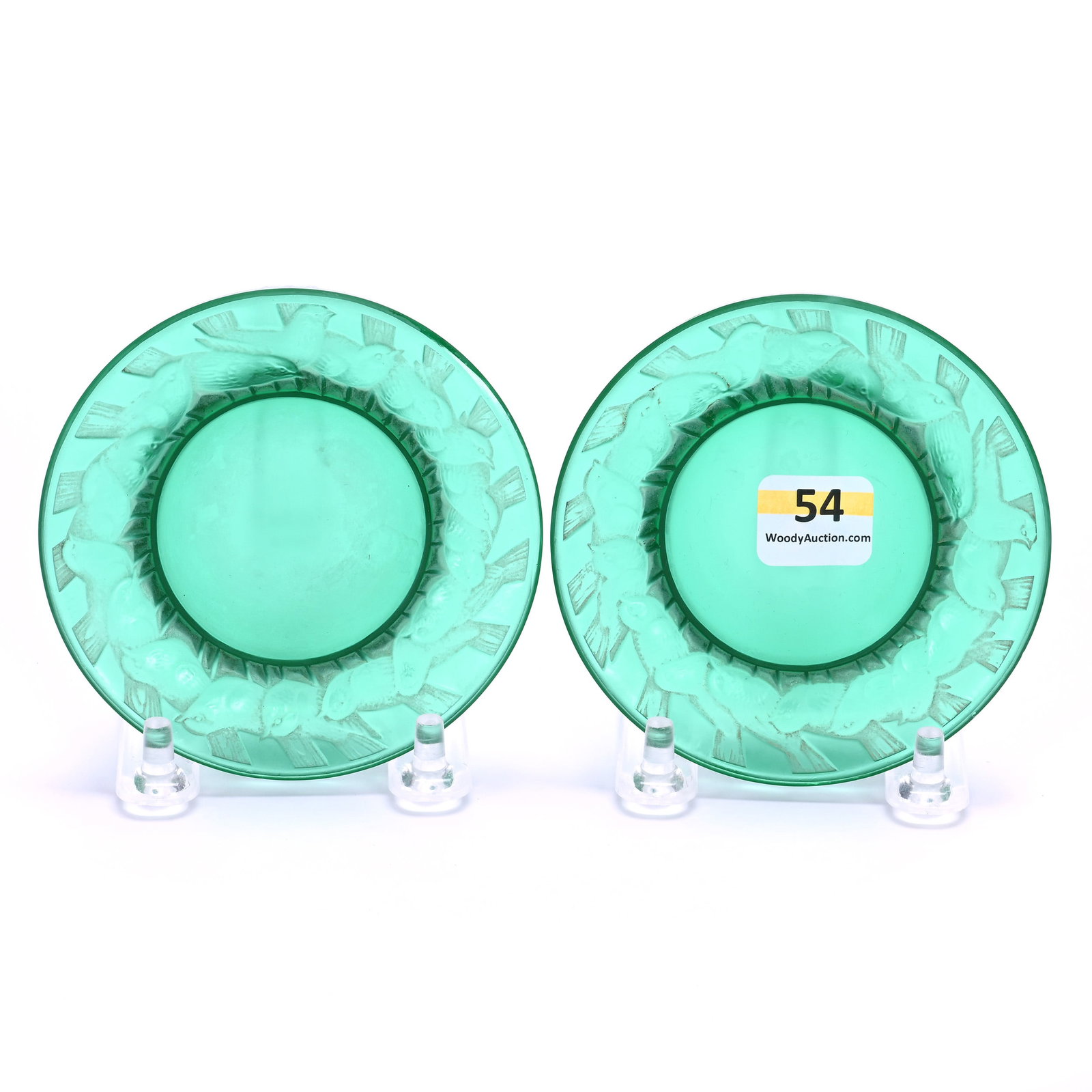 Pair Ashtrays, Signed R. Lalique, Emerald Green, Irene Pattern (1 of 3)