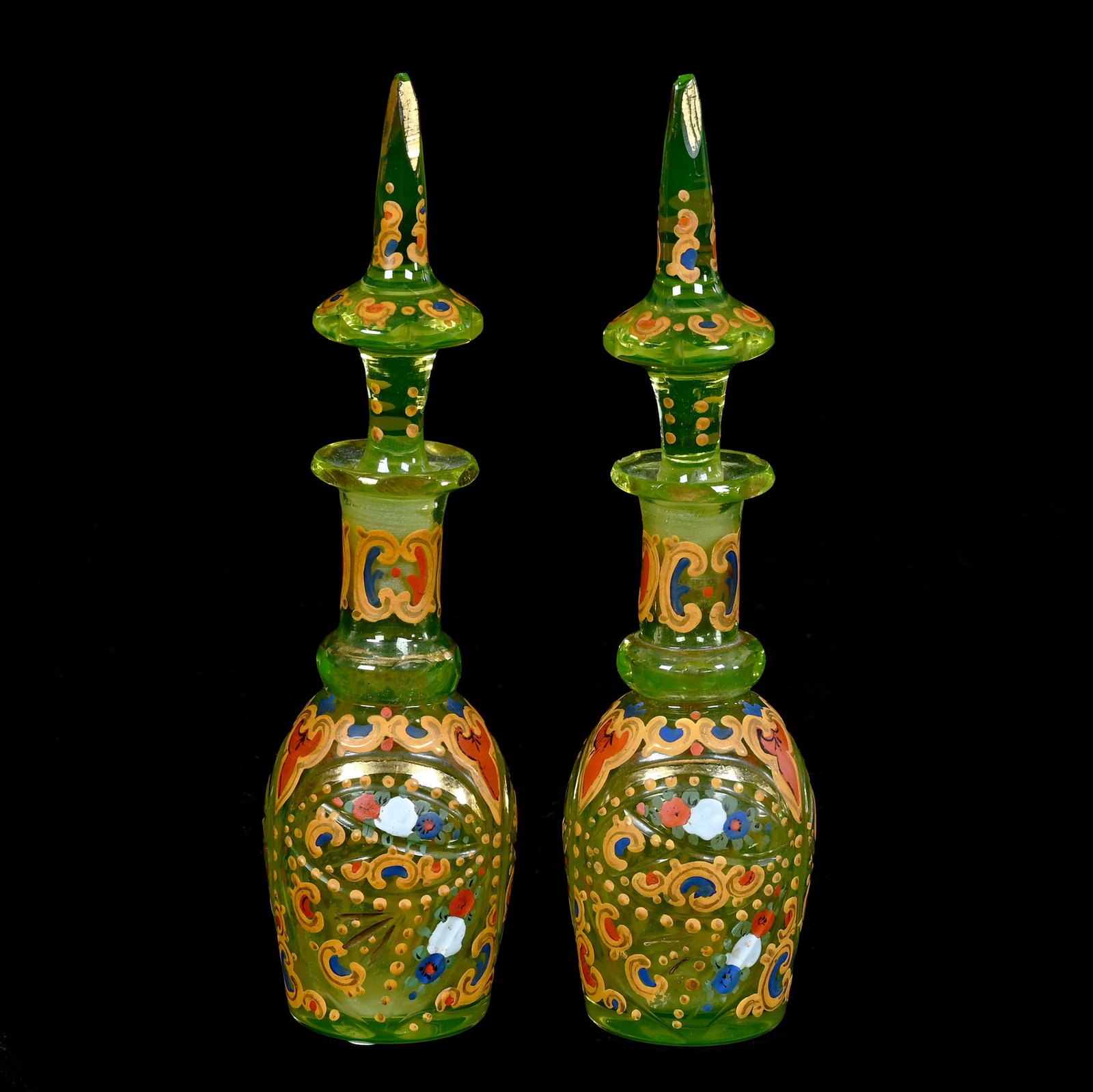 Pair Cruet Bottles, 19th Century Bohemian Vaseline Art Glass (1 of 8)