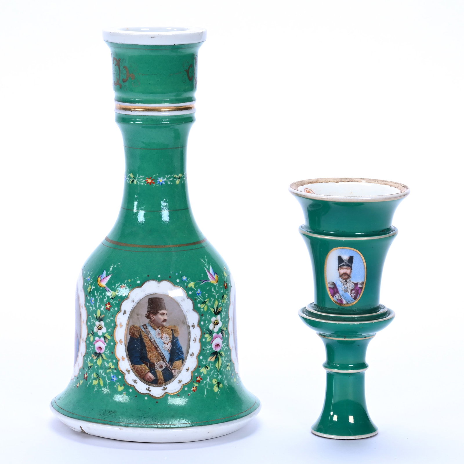 Two Part Huqqa, 19th Century French Porcelain Made For The Persian Qajar Market: Two Part Huqqa, 19th Century French Porcelain Made For The Persian Qajar Market, 10 x 5.25 x 5.25 Inches, Green Background With Persian Shah Medallions, Nice Example, 1.9 Pounds, Cliff And Myra Bilbo