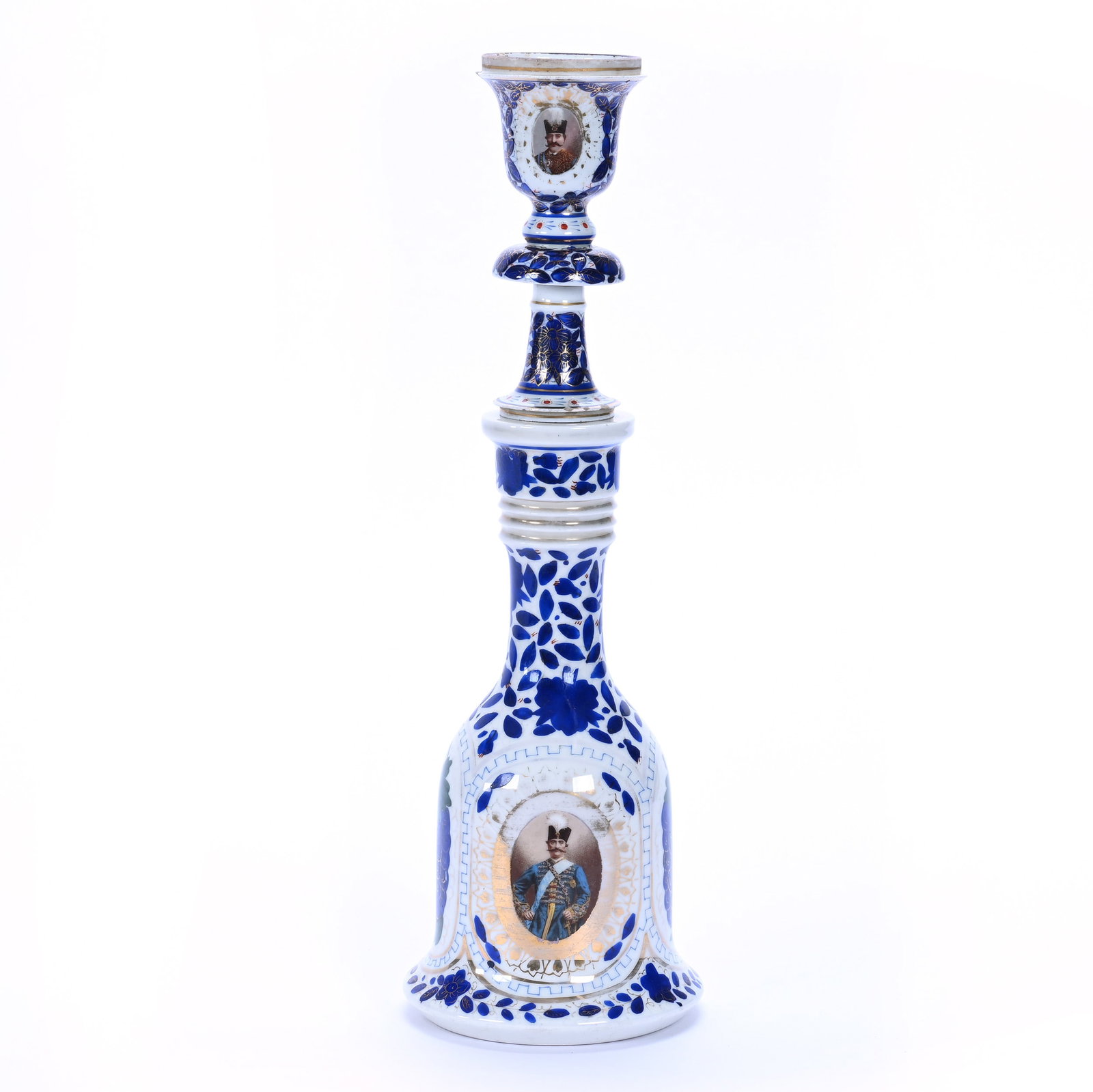 Two Part Huqqa, 19th Century French Porcelain Made For Qajar Market: Two Part Huqqa, 19th Century French Porcelain Made For Qajar Market, 10.25 x 5.25 x 5.25 Inches, White With Cobalt Blue Design And Persian Shah Medallions, Sar (Top Piece) Has A Rim Chip, 2.6 Pounds,