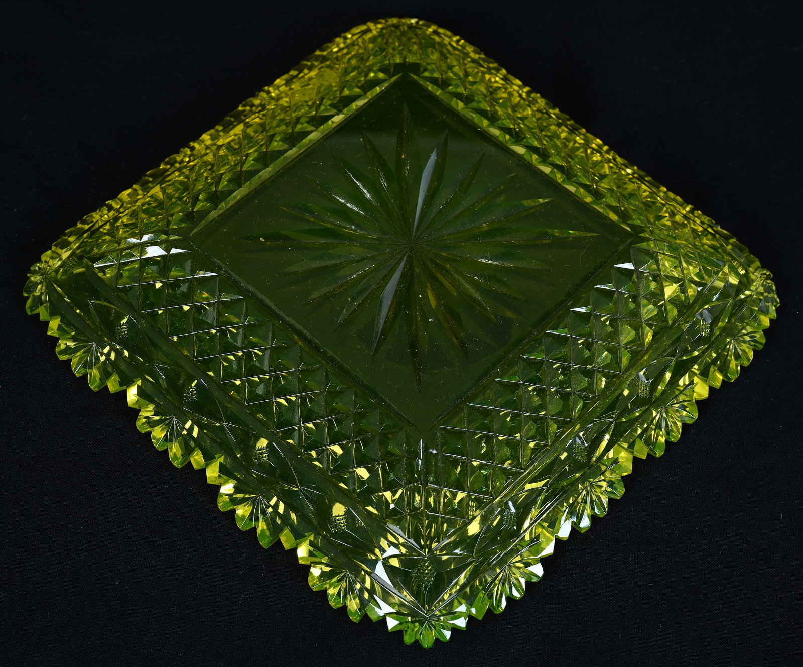 Square Plate, Solid Vaseline Cut Glass - 2
