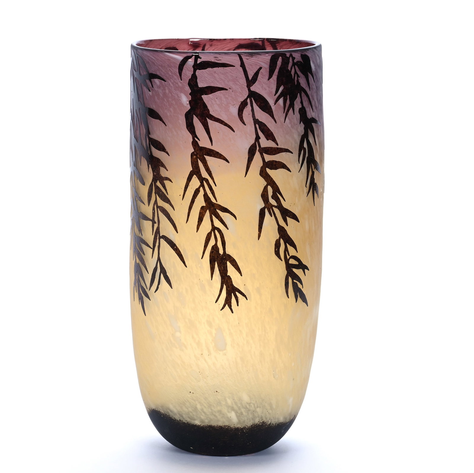Vase, Unmarked French Cameo Art Glass: Vase, Unmarked French Cameo Art Glass, 12.5 x 5.75 x 5.75 Inches, Amethyst Shading To Yellow With White Mottled Ground, Lavender Acid Cutback Weeping Willow Overlay, In The Style Of Legras, 3.4