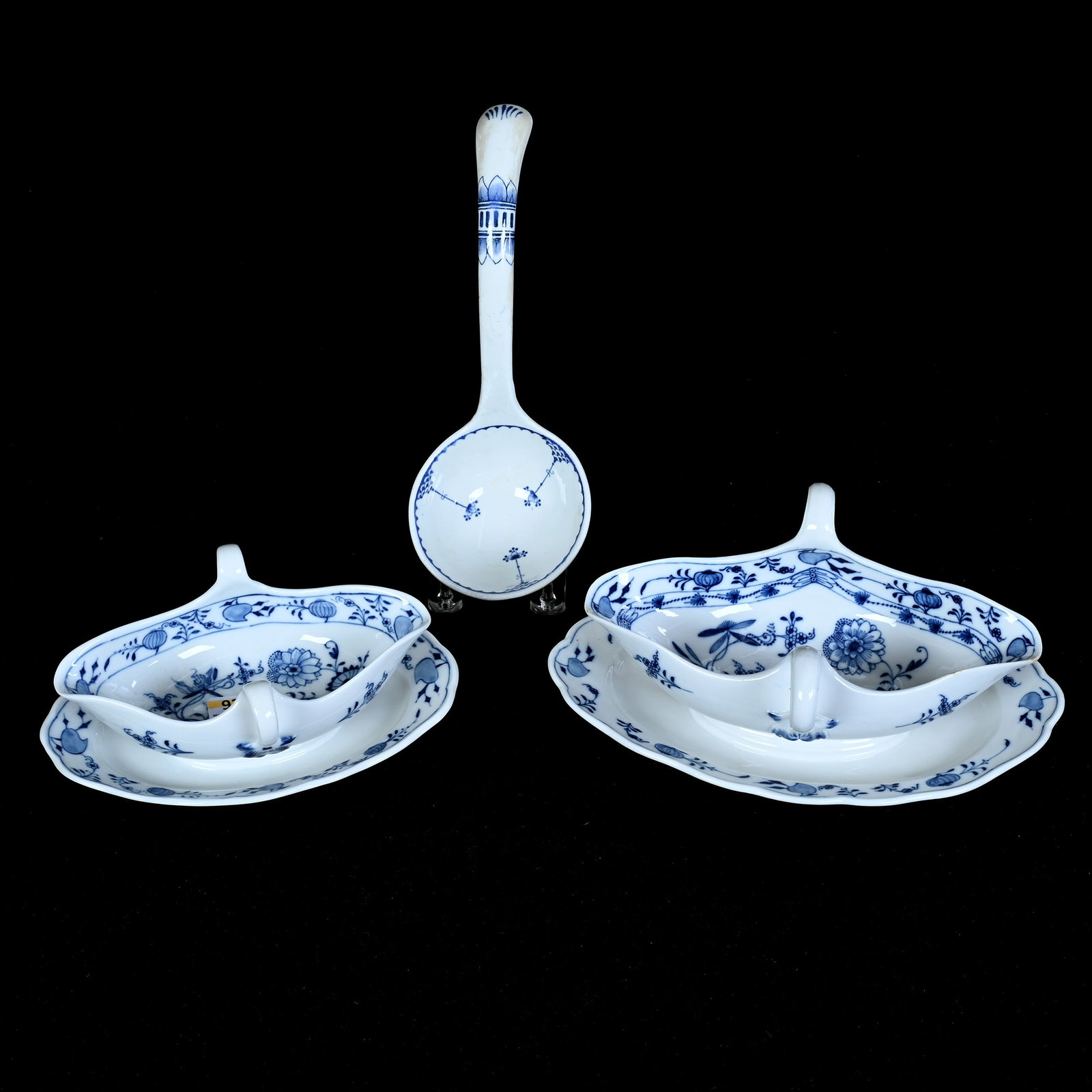 (2) Gravy Boats With Attached Underplates, Meissen (Blue Crossed Swords Mark): (2) Gravy Boats With Attached Underplates, Meissen (Blue Crossed Swords Mark), 10 x 7 x 3.75 Inches, Blue Onion Pattern, (1) Large, Two Interior Rim Chip Repairs And (1) Small 8.25" X 5.25" X 3.25",