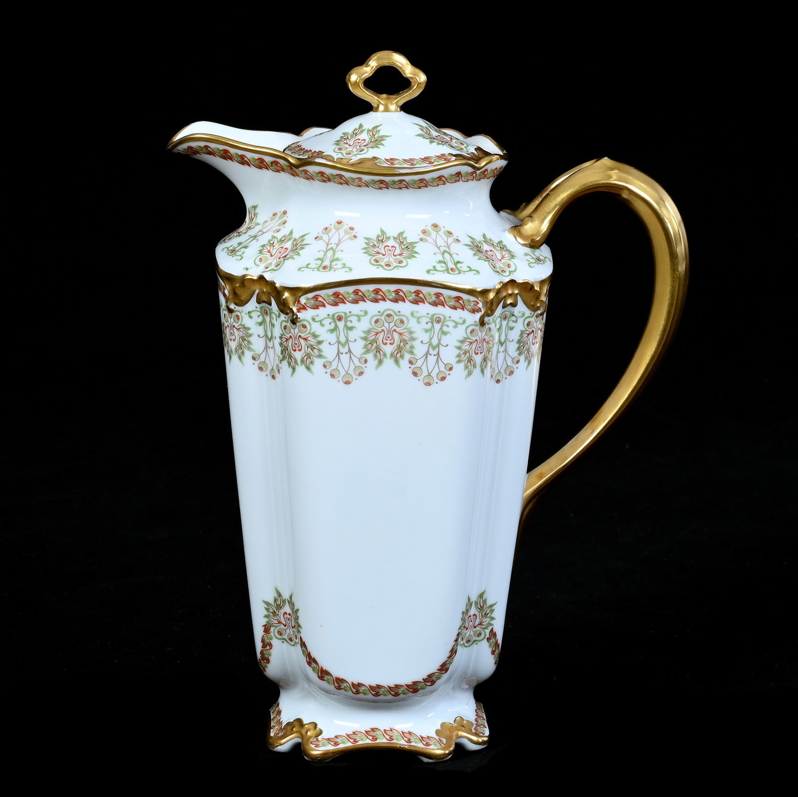 Four-Sided Chocolate Pot, Marked GDA Limoges: Four-Sided Chocolate Pot, Marked GDA Limoges, 9.75 x 7.25 x 4.5 Inches, White With Nice Floral Garland And Heavy Gold Trim, Nice Example, 1.5 Pounds, Private Collection, KS, Effective 6/6/26, All Live