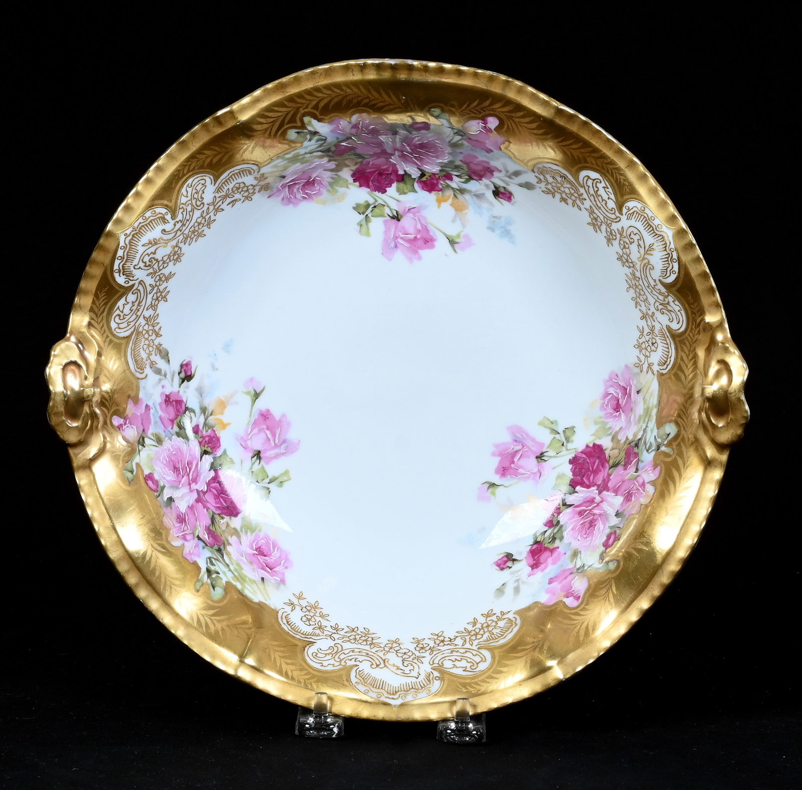 Bowl, Marked Limoges: Bowl, Marked Limoges, 11 x 10.25 x 2.5 Inches, White With Pink Rose Decor, Heavy Gold Border, 1.7 Pounds, Private Collection, KS, Effective 6/6/26, All LiveAuctioneers Invoices Must Be Paid Using the
