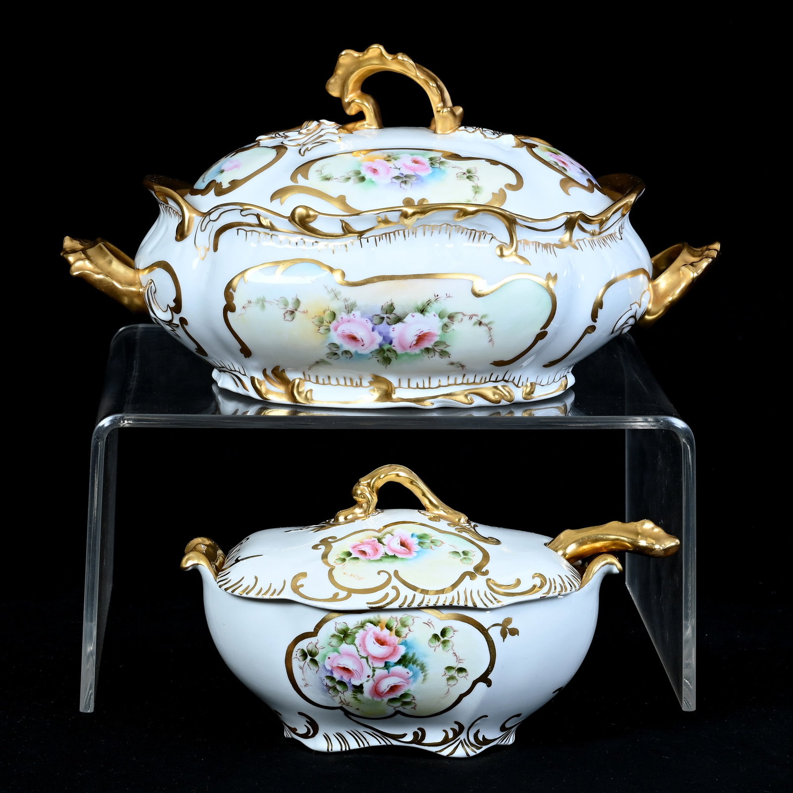 Covered Tureen And Gravy, Attributed To Johnson Brothers, White With Pink Rose D?cor: Covered Tureen And Gravy, Attributed To Johnson Brothers, White With Pink Rose D?cor, 12 x 7.5 x 6 Inches, And Heavy Gold Trim, (1) Large Unmarked Covered Tureen And (1) 8" X 4.75" X 4.5" Covered