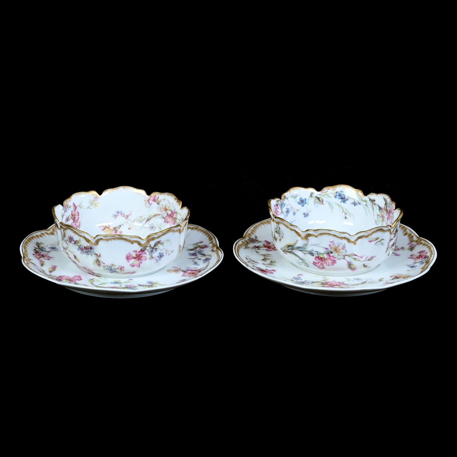 Pair Ramekins And Underplates, Marked Haviland Limoges: Pair Ramekins And Underplates, Marked Haviland Limoges, 5.25 x 5.25 x 1.75 Inches, White With Colorful Floral Decor And Gold Trim Highlights, 0.7 Pounds, Private Collection, KS, Effective 6/6/26, All