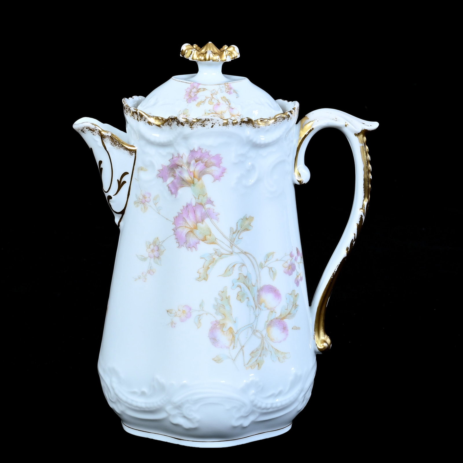 Chocolate Pot, Marked Elite Limoges: Chocolate Pot, Marked Elite Limoges, 9 x 7 x 4.25 Inches, White With Lavender Floral Decor And Gold Trim Highlights, Rim Chip On Lid, 1.6 Pounds, Private Collection, KS, Effective 6/6/26, All