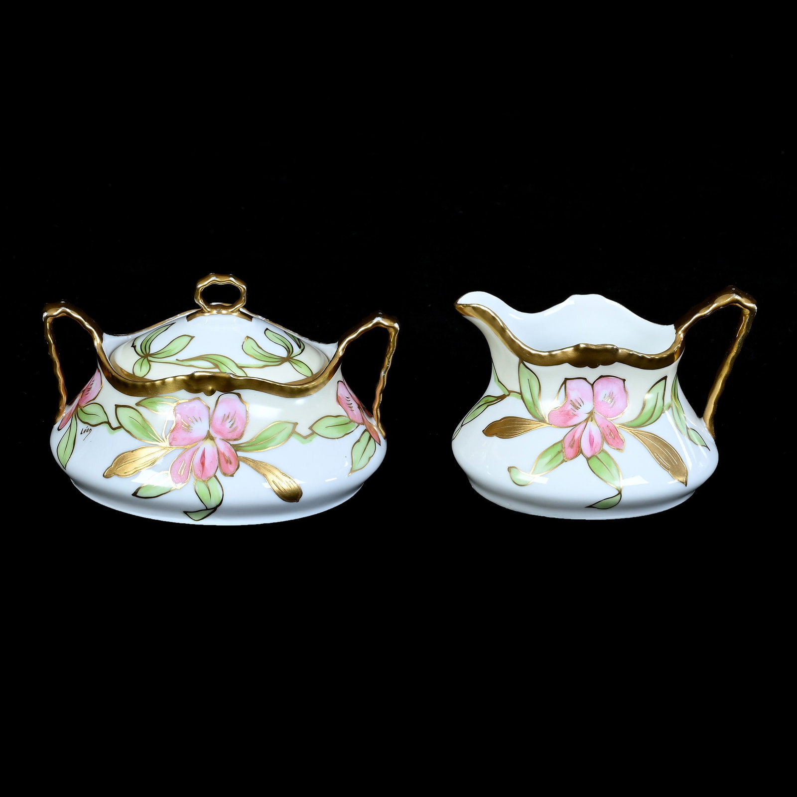 Creamer And Sugar, Marked L.S.&S. Limoges: Creamer And Sugar, Marked L.S.&S. Limoges, 3.25 x 5.25 x 4.25 Inches, Yellow And White Background With Pink Floral Decor And Gold Trim Highlights, 0.7 Pounds, Private Collection, KS, Effective