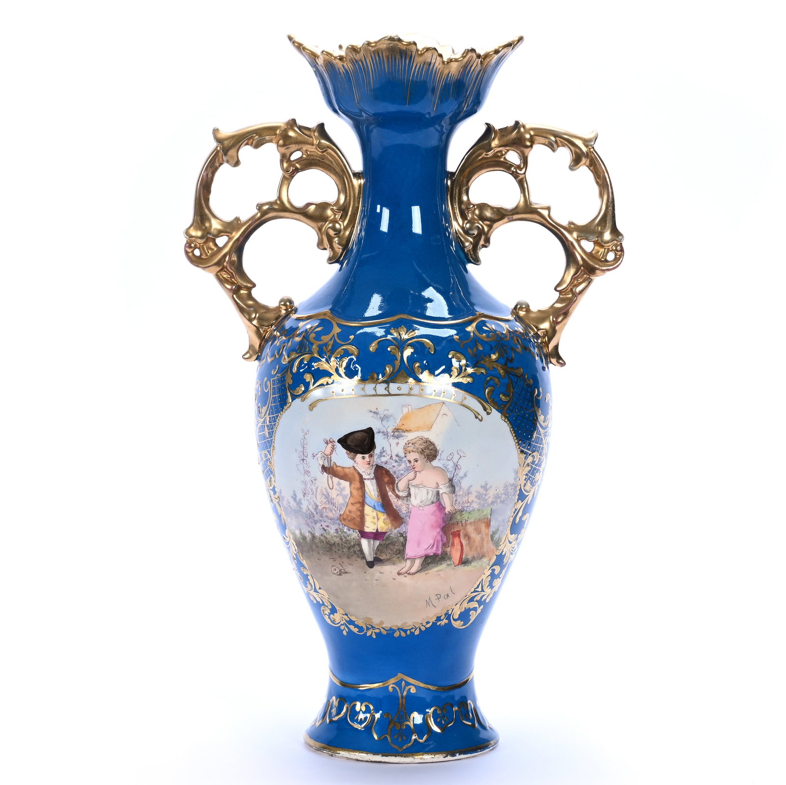 Two Handled Vase, Marked Fischer Budapest: Two Handled Vase, Marked Fischer Budapest, 15.75 x 9.5 x 6 Inches, Blue Background With Scene Of Young Children, Heavy Gold Trim, Artist Signed, Rim Repair, 3.6 Pounds, Private Collection, KS,