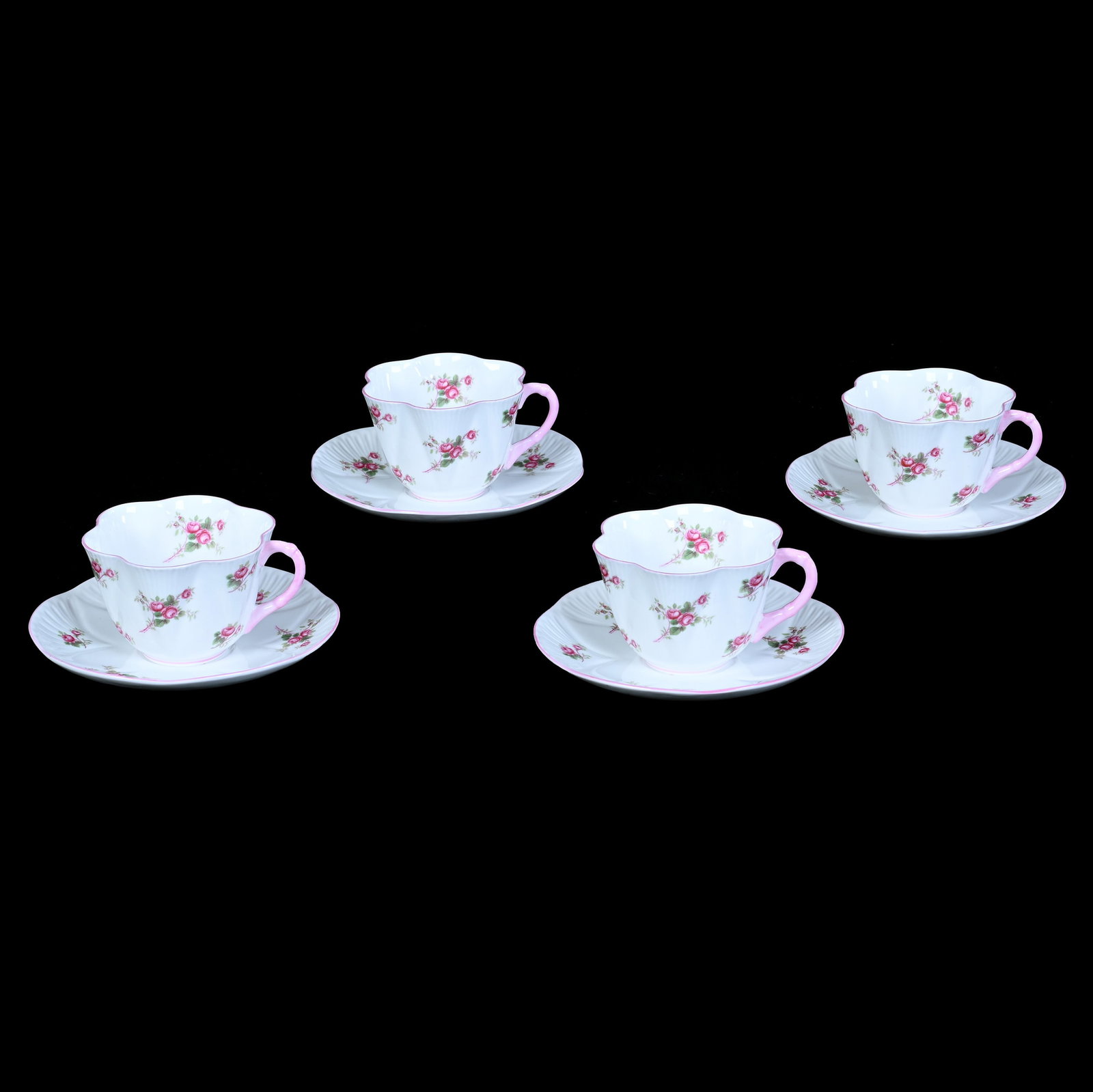 (4) Cups And Saucers, Marked Shelley: (4) Cups And Saucers, Marked Shelley, 5.75 x 5.75 x 2.75 Inches, Rose Spray Pattern, White With Pink Rose Decor, 1.9 Pounds, Private Collection, KS, Effective 6/6/26, All LiveAuctioneers Invoices