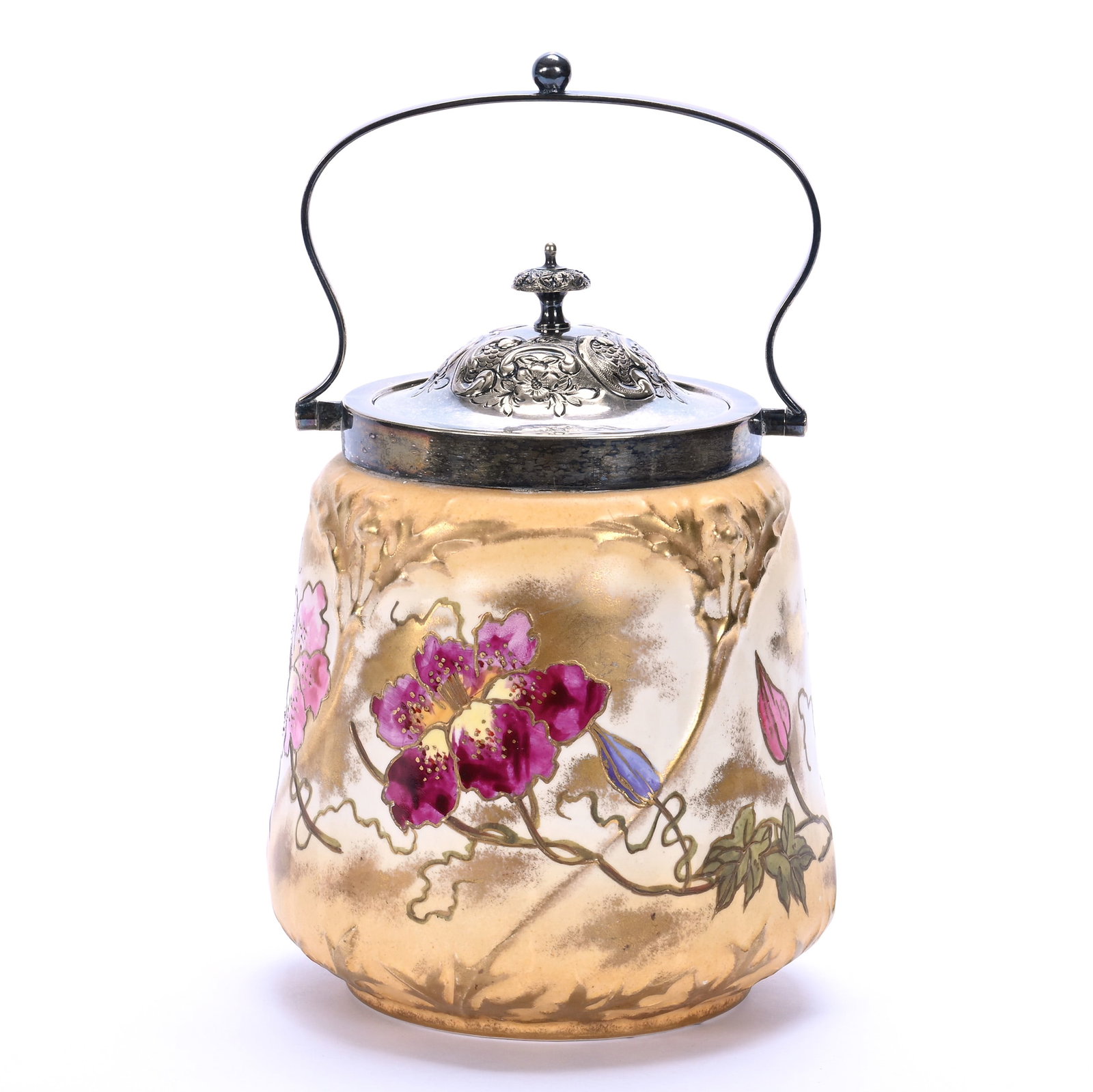 Biscuit Jar, Marked Royal Bonn: Biscuit Jar, Marked Royal Bonn, 8 x 5.75 x 5.75 Inches, Cream Tones With Pink, Blue, And Lavender Floral Decor, Silverplate Lid And Bail, 2.2 Pounds, Private Collection, KS, Effective 6/6/26, All