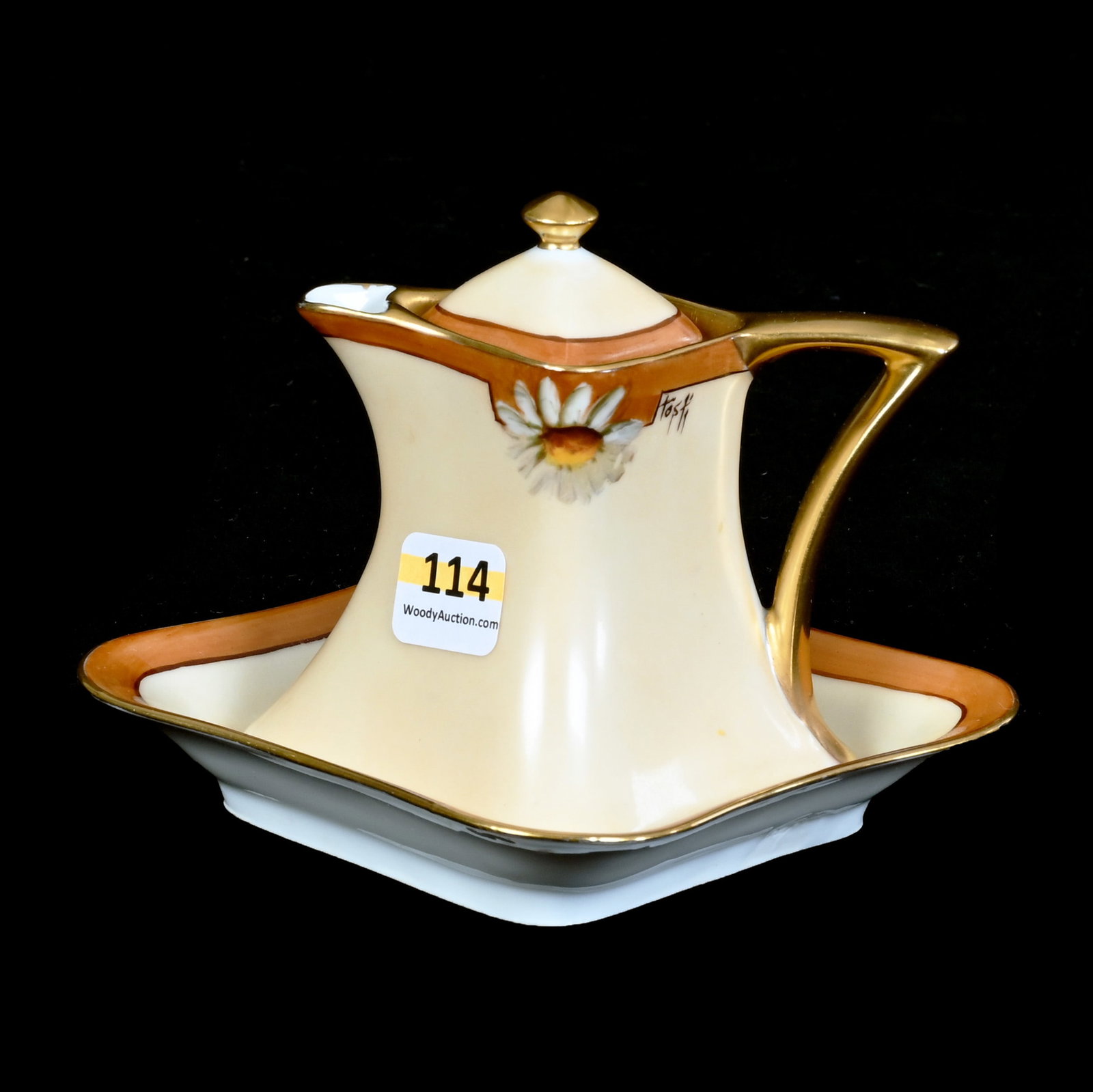 Diamond Shaped Syrup With Underplate, Marked Victoria Austria: Diamond Shaped Syrup With Underplate, Marked Victoria Austria, 4.25 x 5.75 x 4.75 Inches, Cream And Brown Tones With Daisy Decor, Artist Signed Tosti, 0.5 Pounds, Private Collection, KS, Effective