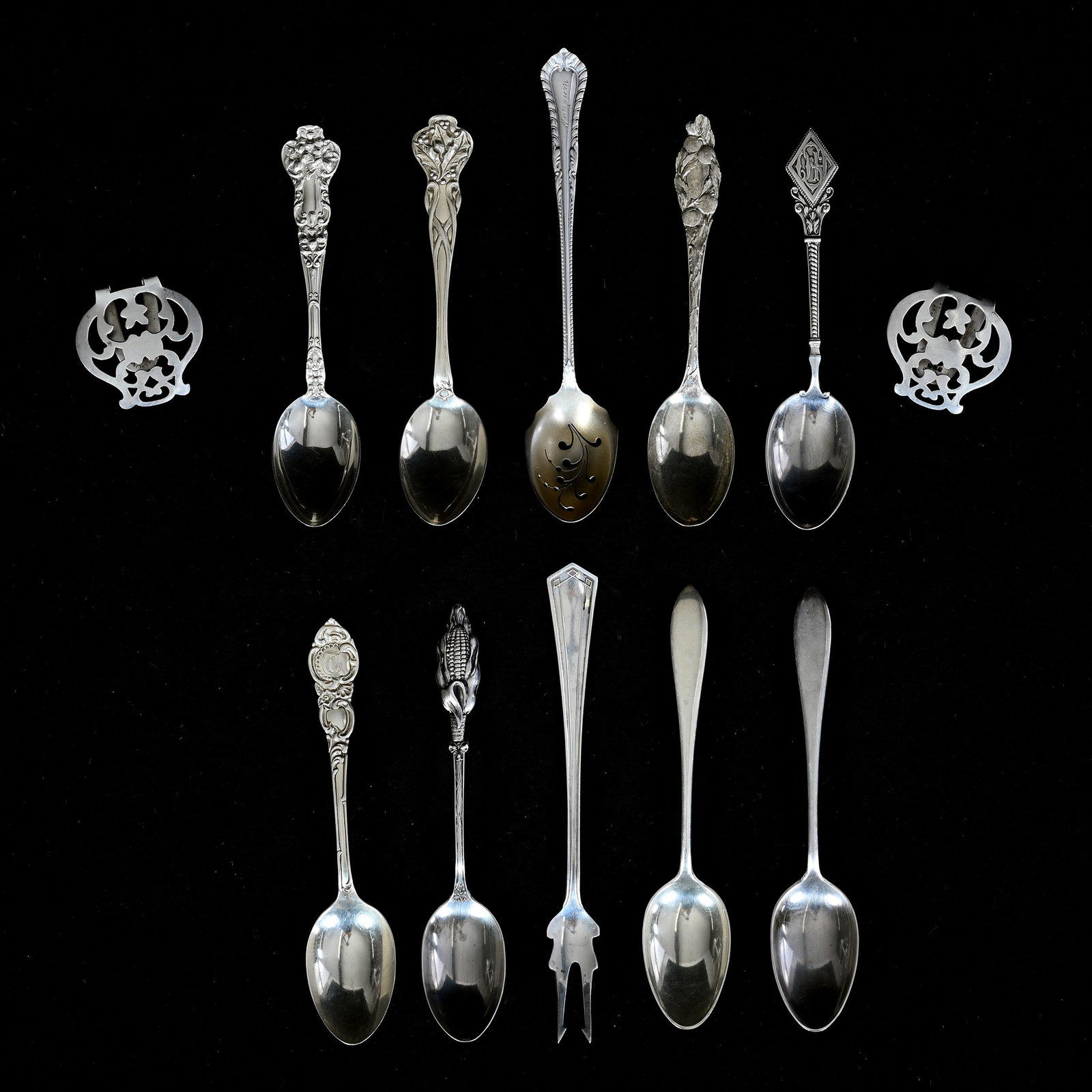 (10) Spoons, Approximate Lengths 5.5", (1) Fork, And (2) 1.5" Buckles, Sterling Silver (1 of 5)
