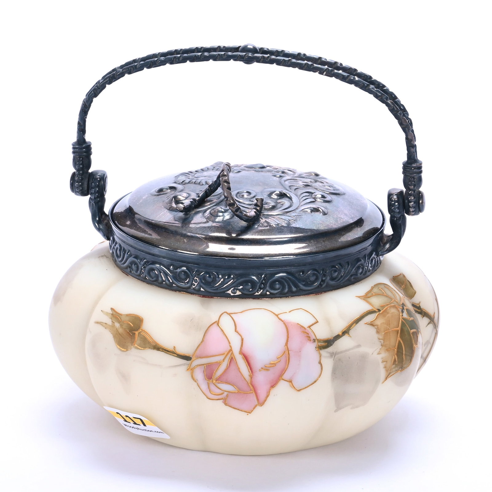 Small Biscuit Jar, Marked Smith Brothers, Melon Ribbed: Small Biscuit Jar, Marked Smith Brothers, Melon Ribbed, 4 x 5.25 x 5.25 Inches, Cream Tones With Pink Rose Decor, Silverplate Lid And Bail, 1.3 Pounds, John And Doris Carty Estate Collection, IA,
