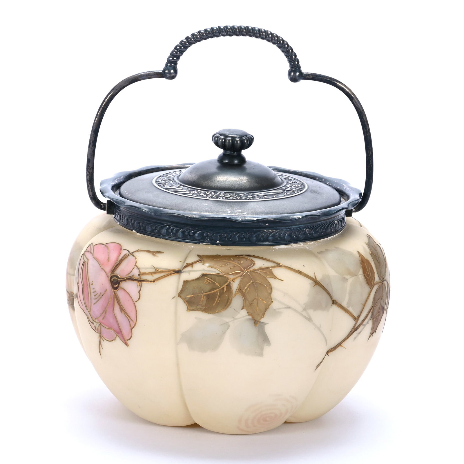 Biscuit Jar, Marked Smith Brothers, Melon Ribbed: Biscuit Jar, Marked Smith Brothers, Melon Ribbed, 6.25 x 7 x 7 Inches, Cream Tones With Rose Decor, Silverplate Lid And Bail, 2.3 Pounds, John And Doris Carty Estate Collection, IA, Effective 6/6/26, 