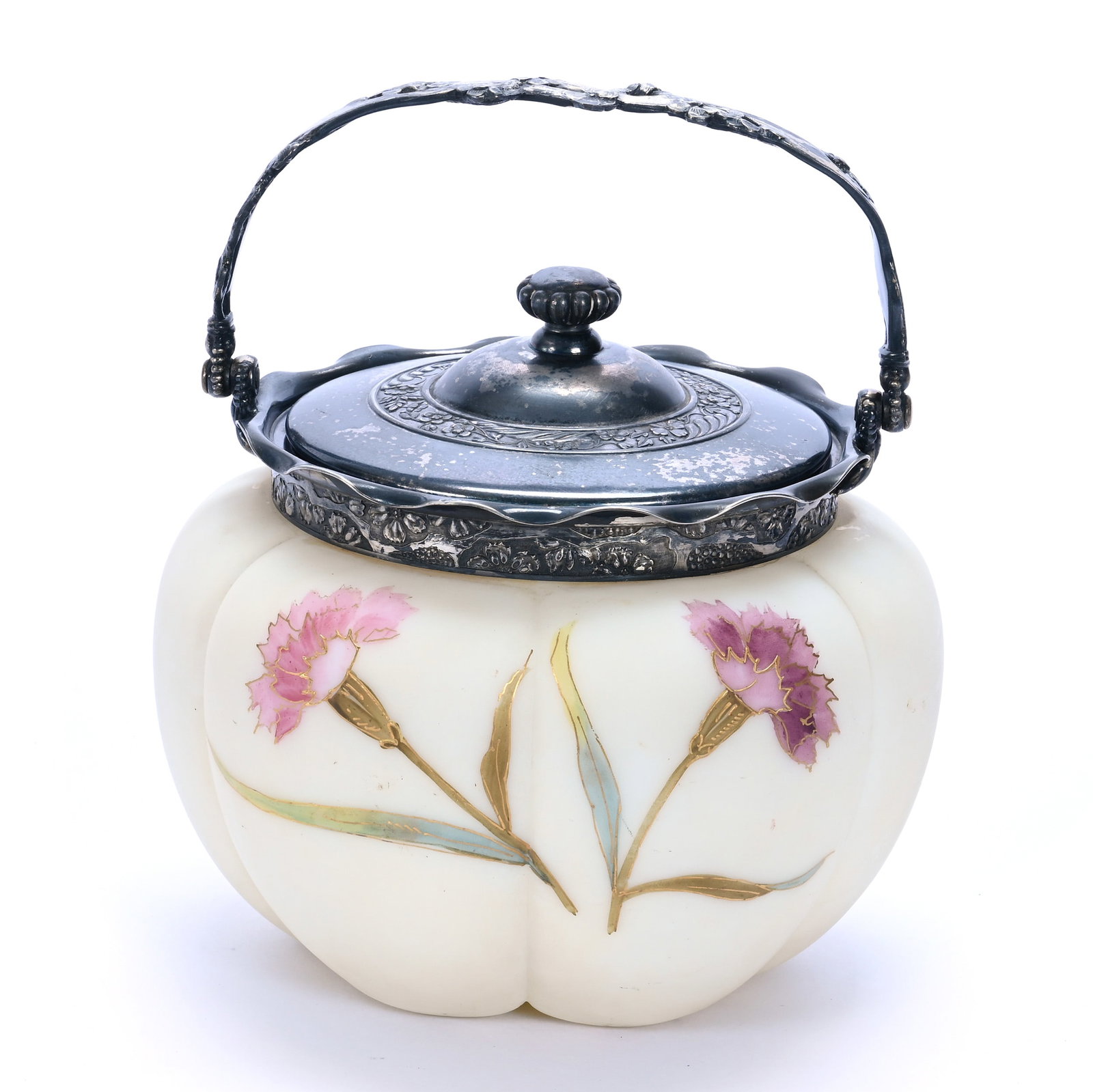 Biscuit Jar, Unmarked Mt. Washington, Melon Ribbed: Biscuit Jar, Unmarked Mt. Washington, Melon Ribbed, 6.25 x 7 x 7 Inches, Creamy White Background With Pink Floral Decor, Silverplate Lid And Bail, 2.5 Pounds, John And Doris Carty Estate Collection,