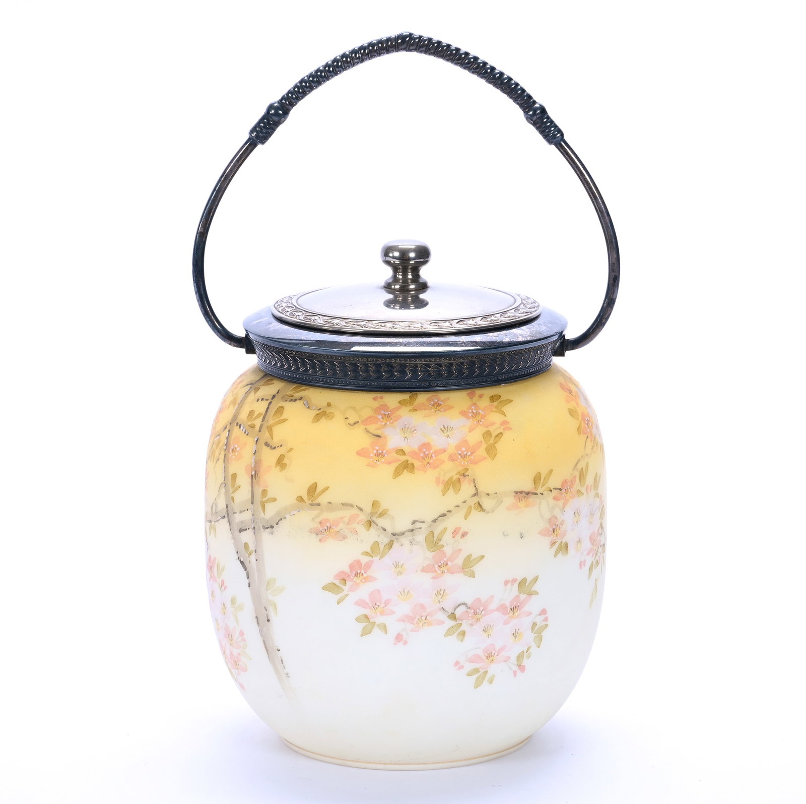 Biscuit Jar, Unmarked Mt. Washington: Biscuit Jar, Unmarked Mt. Washington, 6.75 x 5 x 5 Inches, Yellow Shading To White With Branch And Blossom Decor, Silverplate Lid And Bail, 1.9 Pounds, John And Doris Carty Estate Collection, IA,