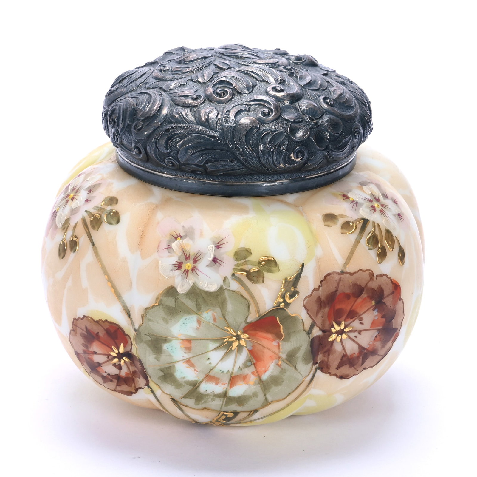Biscuit Jar, Unmarked Mt. Washington (Crown Milano), Melon Ribbed: Biscuit Jar, Unmarked Mt. Washington (Crown Milano), Melon Ribbed, 5.75 x 6 x 6 Inches, Pink And Yellow Mottled Background With Pink Floral Decor, Embossed Silverplate Lid, 1.8 Pounds, John And Doris