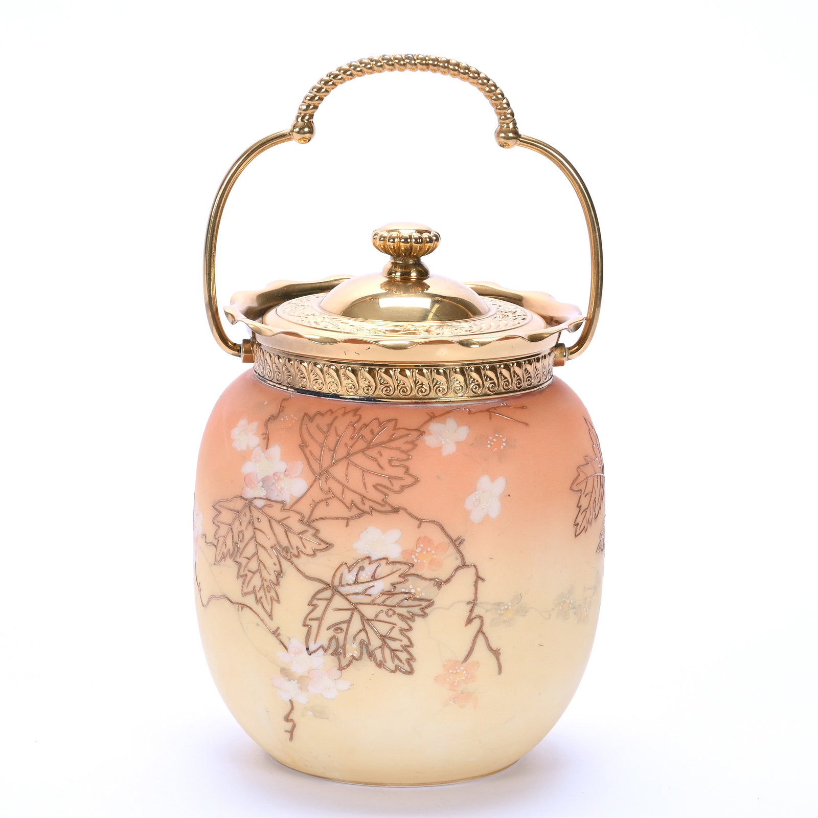 Biscuit Jar, Unmarked Mt. Washington Burmese Opalware: Biscuit Jar, Unmarked Mt. Washington Burmese Opalware, 7.25 x 5.25 x 5.25 Inches, Enamel Leaf And Blossom Decor, Gilt Silverplate Lid And Bail, 1.9 Pounds, John And Doris Carty Estate Collection, IA,