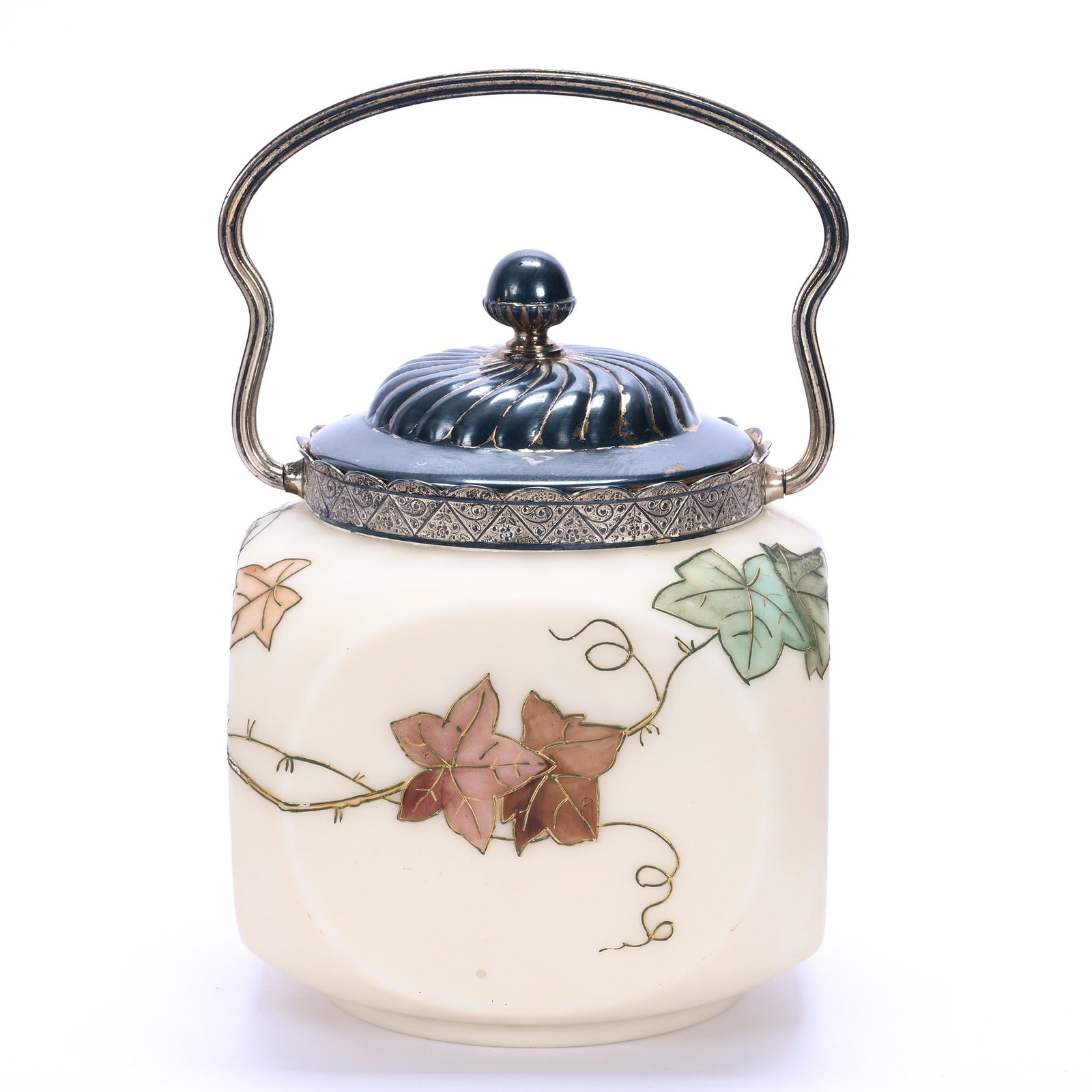 Square Biscuit Jar, Marked Smith Brothers: Square Biscuit Jar, Marked Smith Brothers, 7.25 x 5.5 x 5.5 Inches, Cream Tones With Ivy Decor, Silverplate Lid And Bail, 3 Pounds, John And Doris Carty Estate Collection, IA, Effective 6/6/26, All