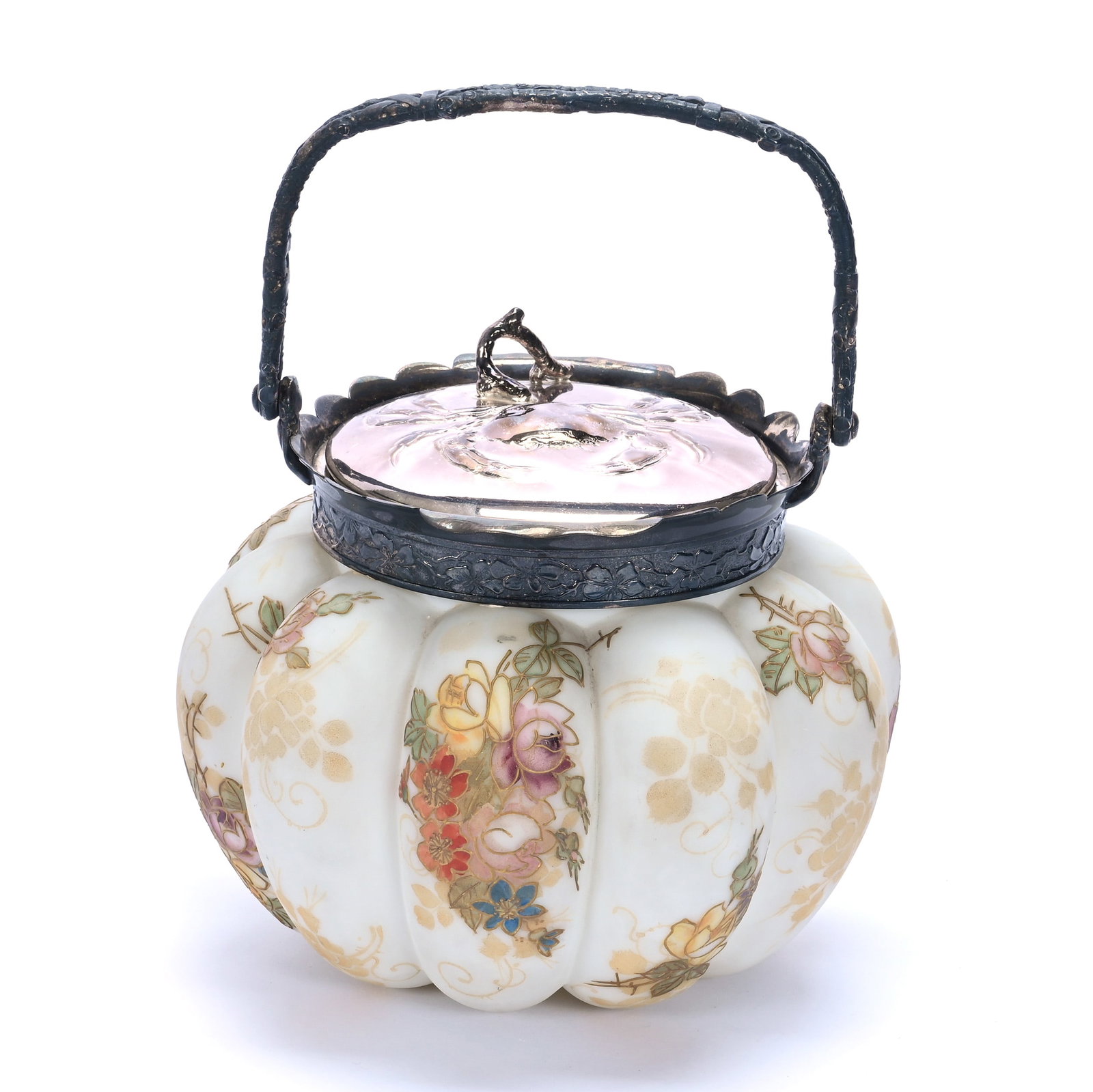 Biscuit Jar, Marked Crown Milano #522, Melon Ribbed: Biscuit Jar, Marked Crown Milano #522, Melon Ribbed, 6 x 6.75 x 6.75 Inches, White With Yellow Mottled Background, Colorful Floral Decor, Silverplate Embossed Crab Lid And Bail, 2 Pounds, John And