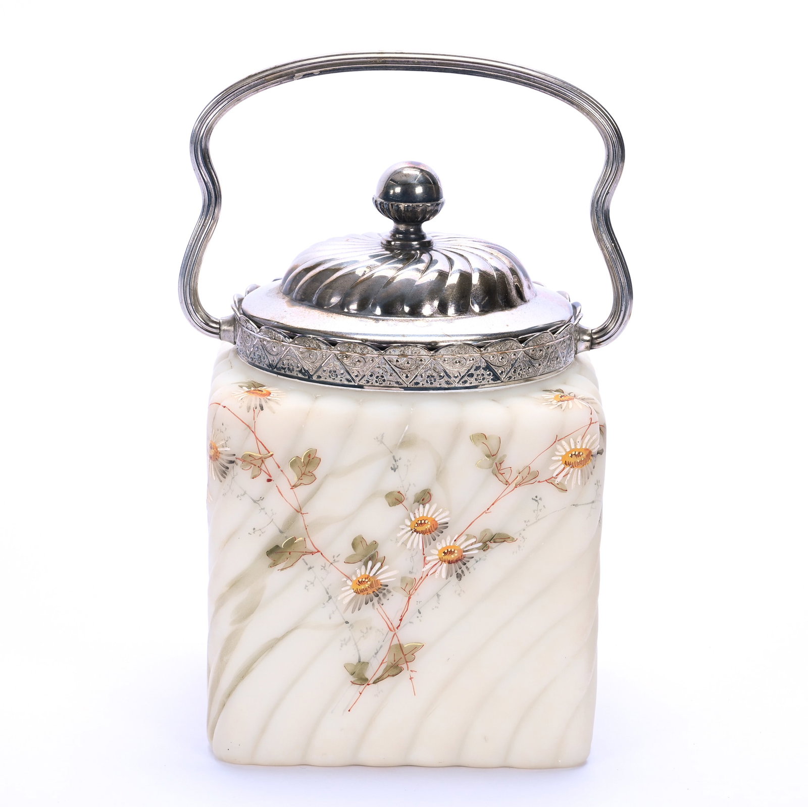 Square Biscuit Jar, Marked Smith Brothers, Swirl Mold: Square Biscuit Jar, Marked Smith Brothers, Swirl Mold, 7 x 4.75 x 4.75 Inches, Cream Tones With Daisy Decor, Silverplate Lid And Bail, 3.2 Pounds, John And Doris Carty Estate Collection, IA,