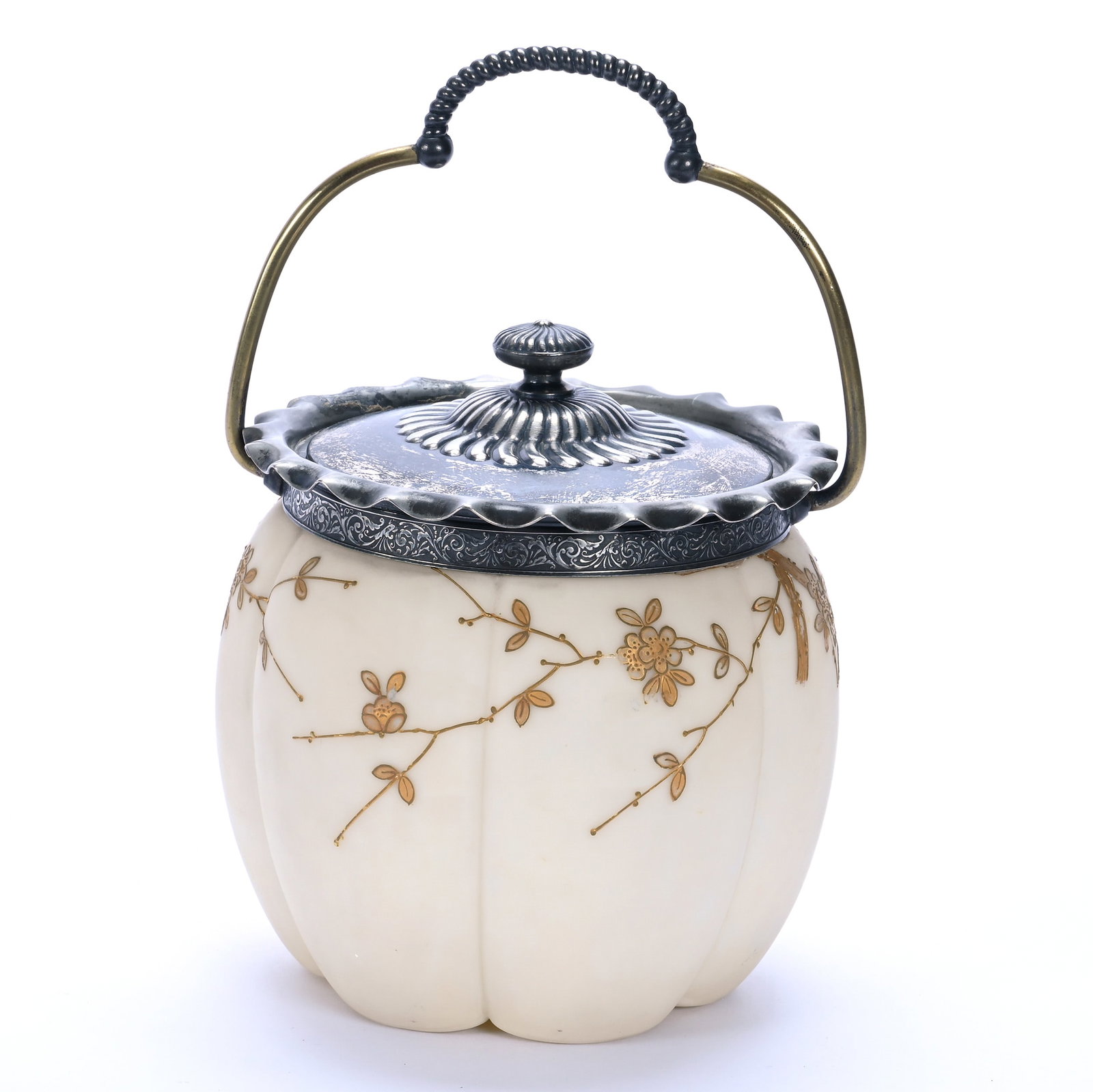 Biscuit Jar, Unmarked Mt. Washington, Melon Ribbed: Biscuit Jar, Unmarked Mt. Washington, Melon Ribbed, 7 x 6 x 6 Inches, Cream Tones With Gold Enamel Branch And Blossom Decor, Silverplate Lid And Bail, 2.3 Pounds, John And Doris Carty Estate