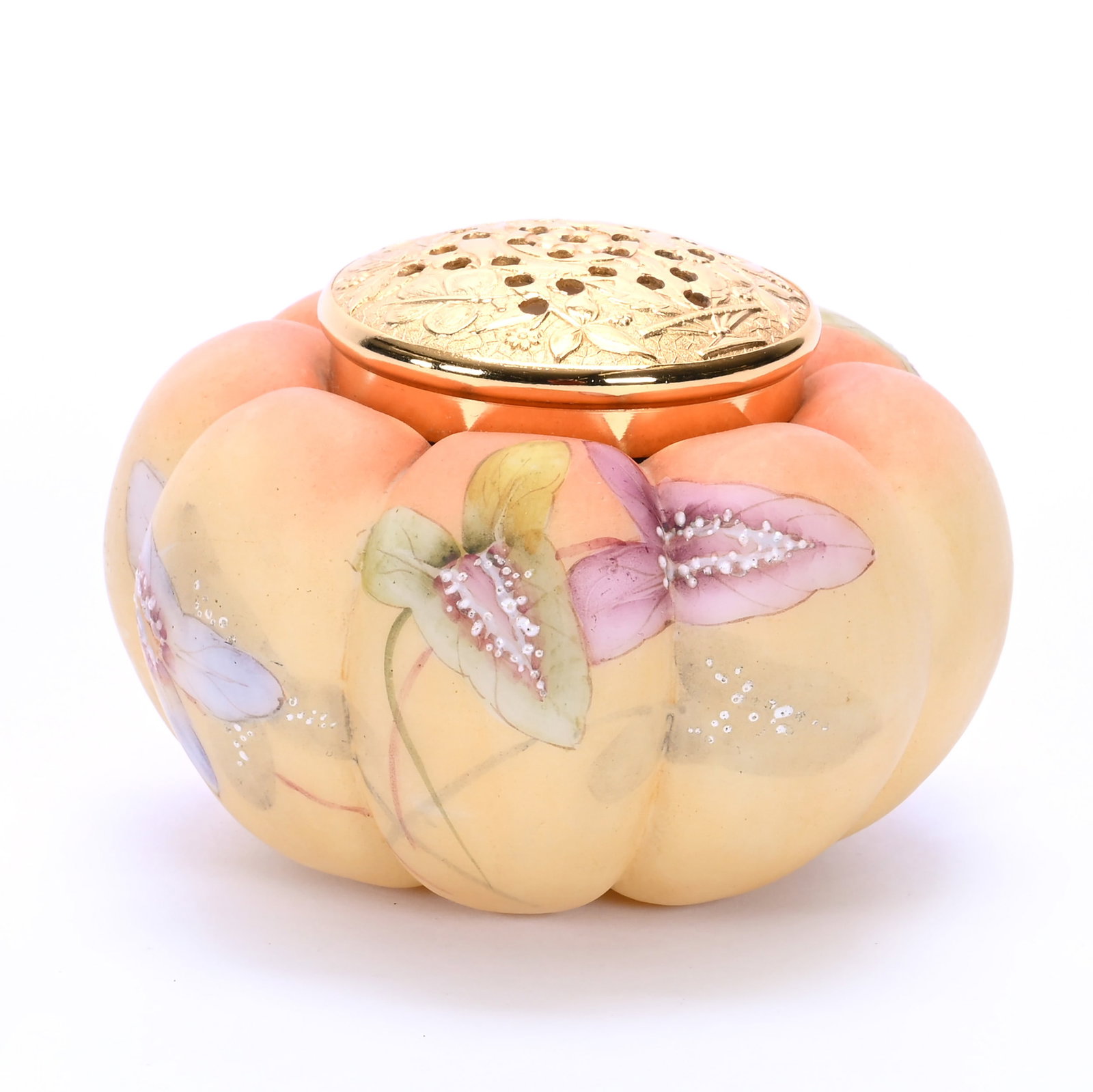 Sugar Shaker, Unmarked Mt. Washington Burmese Opalware: Sugar Shaker, Unmarked Mt. Washington Burmese Opalware, 2.75 x 4 x 4 Inches, Melon Ribbed, Colorful Leaf Decor, Gilt Silverplate Top, 0.6 Pounds, John And Doris Carty Estate Collection, IA, Effective