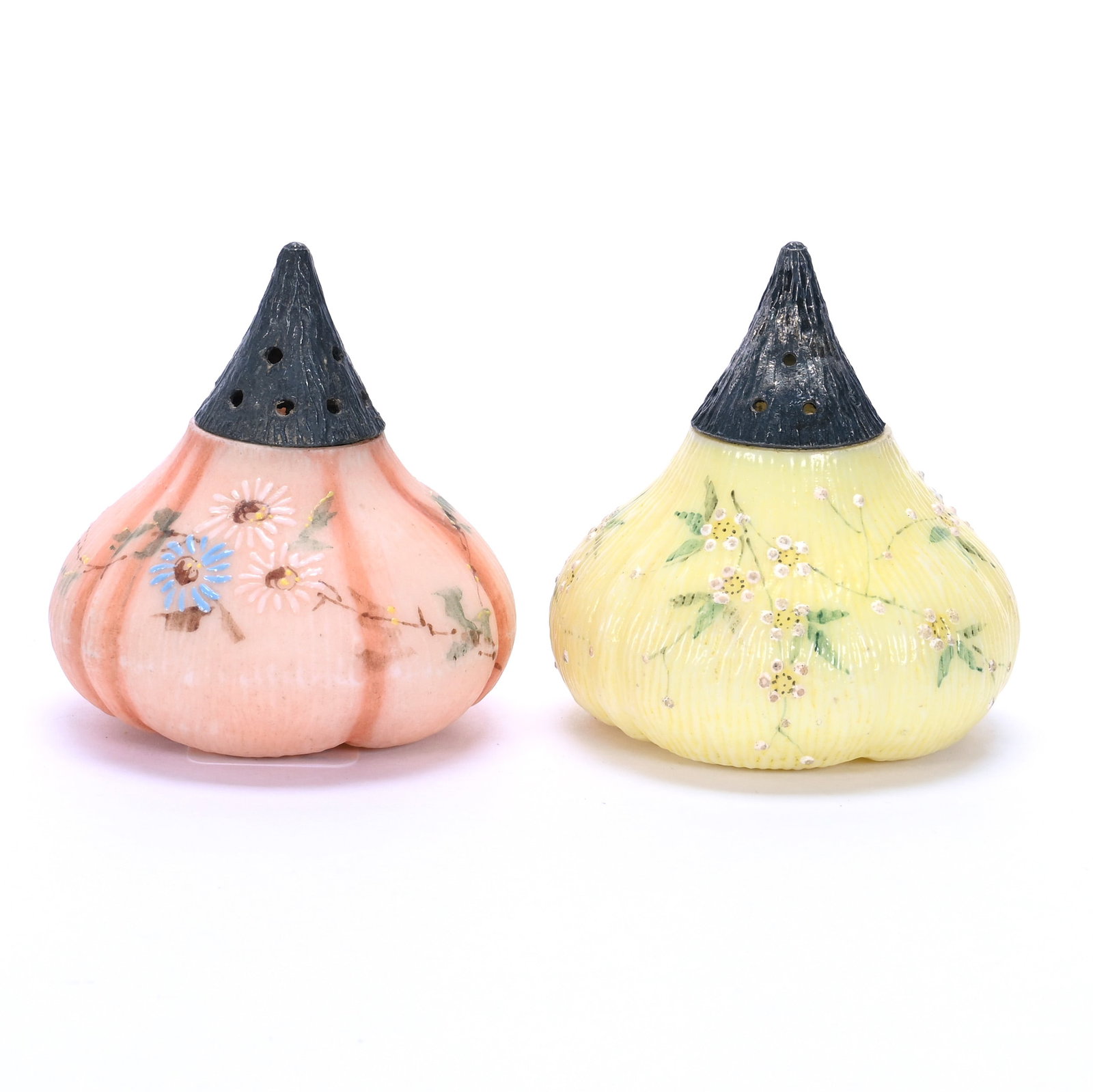 Salt And Pepper Shakers, Unmarked Mt. Washington, Fig Shaped: Salt And Pepper Shakers, Unmarked Mt. Washington, Fig Shaped, 2.5 x 2.5 x 2.5 Inches, (1) Yellow And (1) Pink, Enamel Floral Decor, 0.3 Pounds, John And Doris Carty Estate Collection, IA, Effective