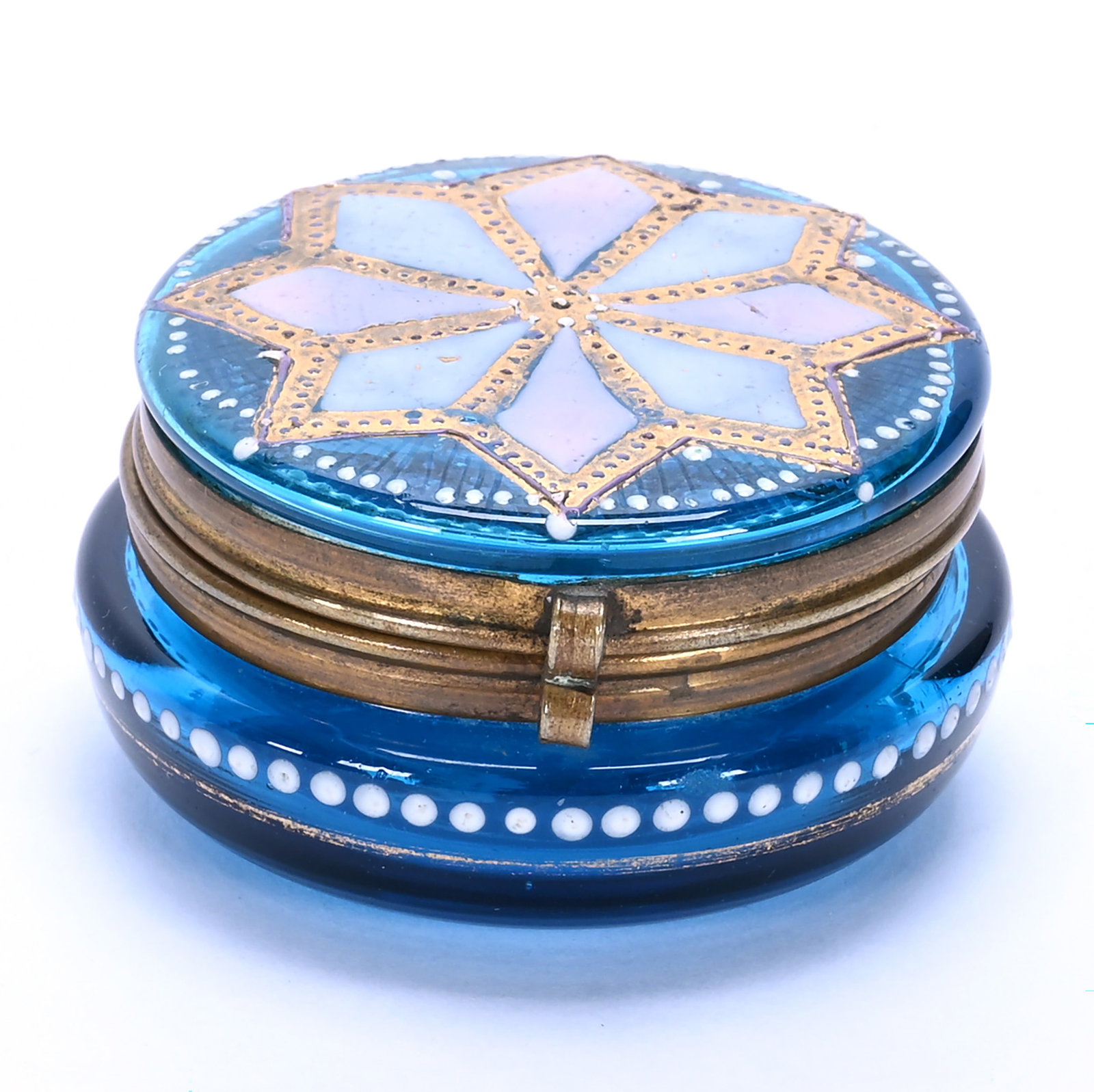 Pill Box, Solid Blue Art Glass With Enamel Decor: Pill Box, Solid Blue Art Glass With Enamel Decor, 2 x 2 x 1 Inches, , 0.1 Pounds, John And Doris Carty Estate Collection, IA, Effective 6/6/26, All LiveAuctioneers Invoices Must Be Paid Using the PAY