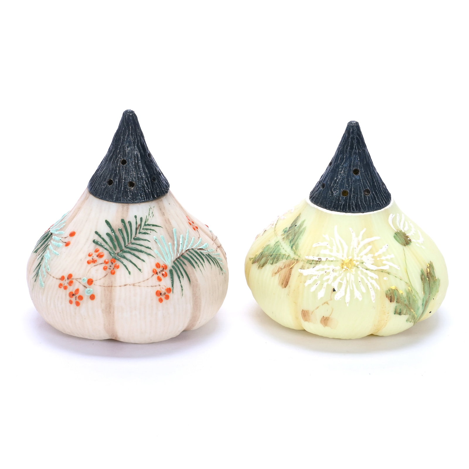 Salt And Pepper Shakers, Unmarked Mt. Washington, Fig Shaped: Salt And Pepper Shakers, Unmarked Mt. Washington, Fig Shaped, 2.5 x 2.5 x 2.5 Inches, (1) Yellow And (1) Pink, Various Enamel Floral Decor, 0.4 Pounds, John And Doris Carty Estate Collection, IA,